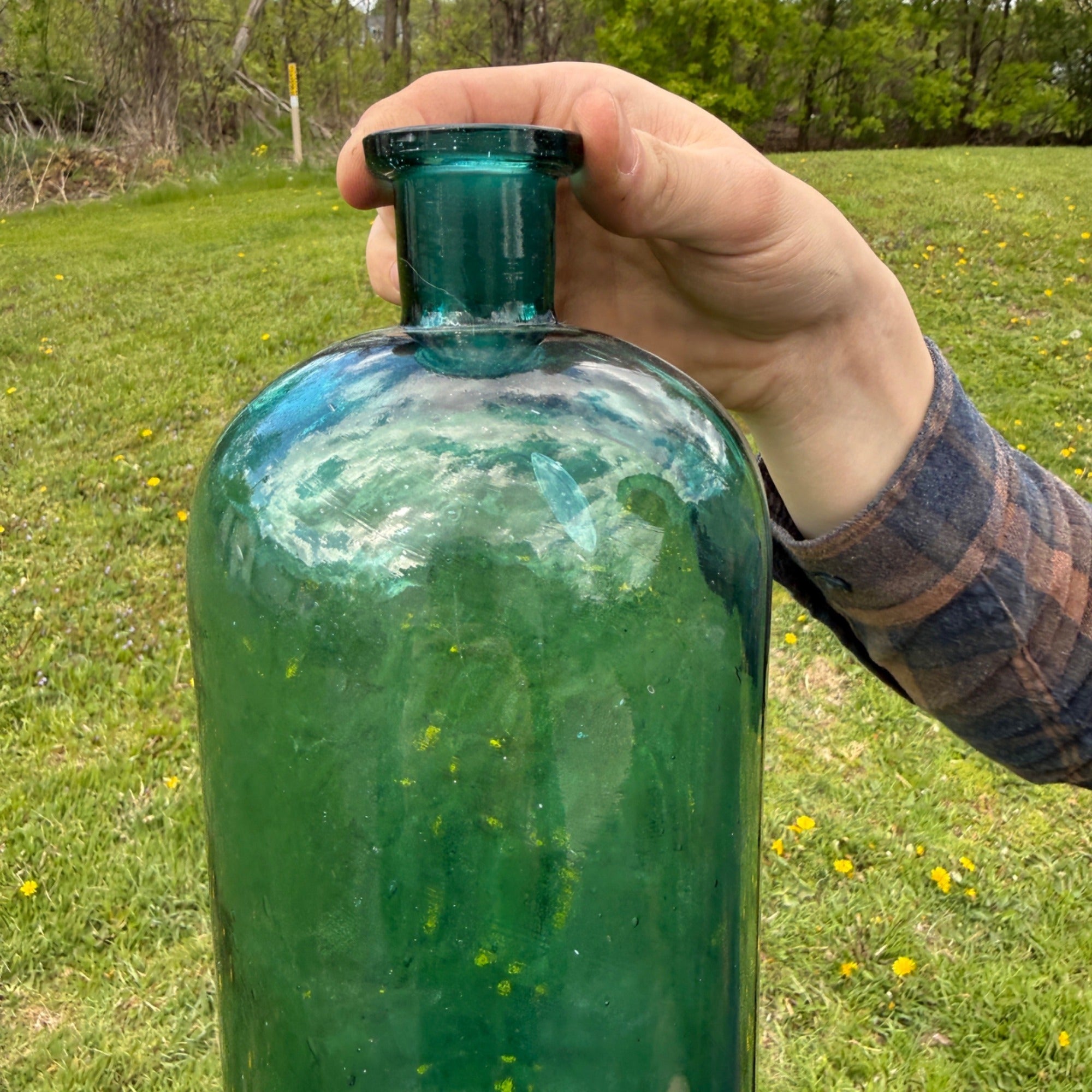 Large 12" Antique Green Aqua Blue Ink Apothecary Medicine Hospital Bottle
