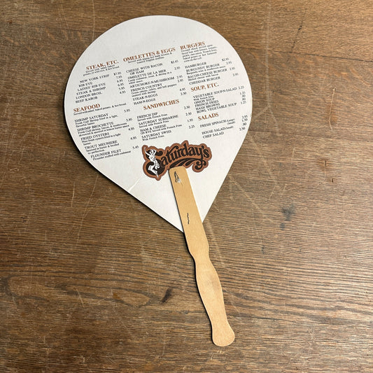 VINTAGE SATURDAY'S RESTAURANT 1960s DALLAS, TEXAS MENU HAND FAN