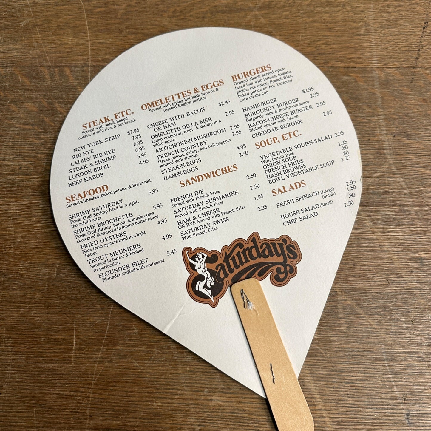 VINTAGE SATURDAY'S RESTAURANT 1960s DALLAS, TEXAS MENU HAND FAN