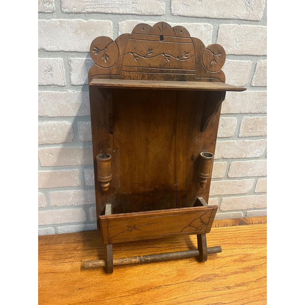 Antique Oak Eastlake Victorian Wall Pocket Shelf w/ Towel Rack & Candle Holders