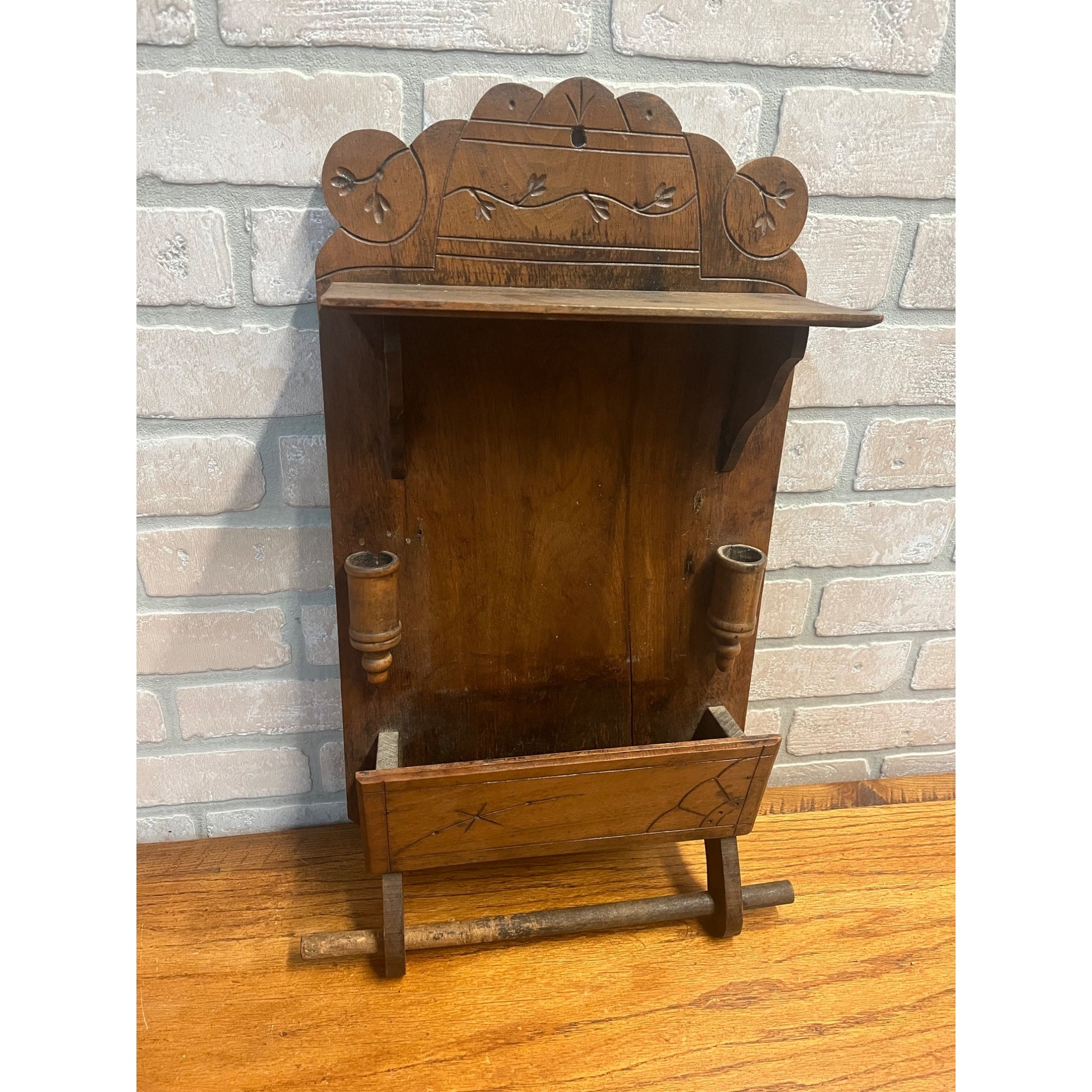 Antique Oak Eastlake Victorian Wall Pocket Shelf w/ Towel Rack & Candle Holders