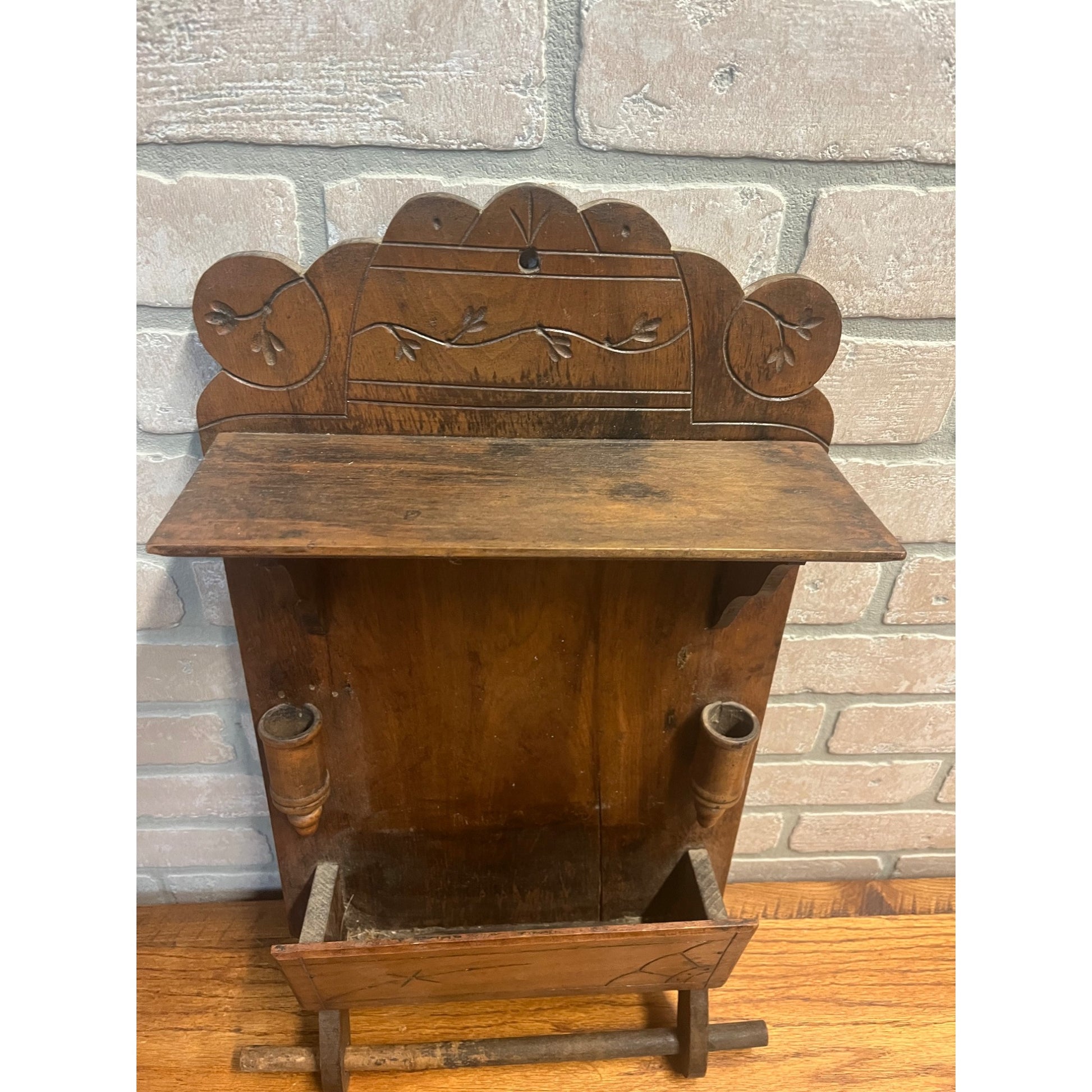 Antique Oak Eastlake Victorian Wall Pocket Shelf w/ Towel Rack & Candle Holders