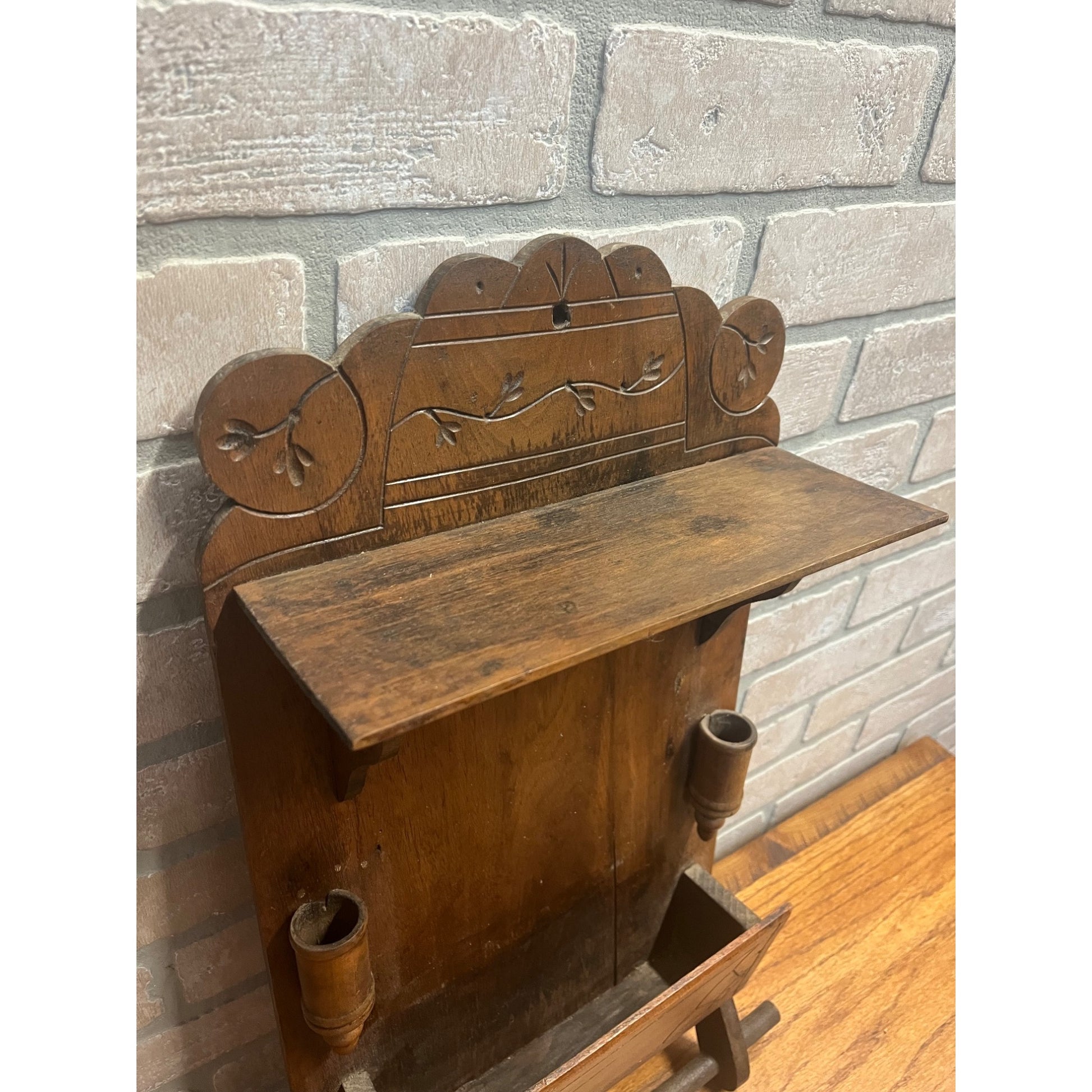 Antique Oak Eastlake Victorian Wall Pocket Shelf w/ Towel Rack & Candle Holders