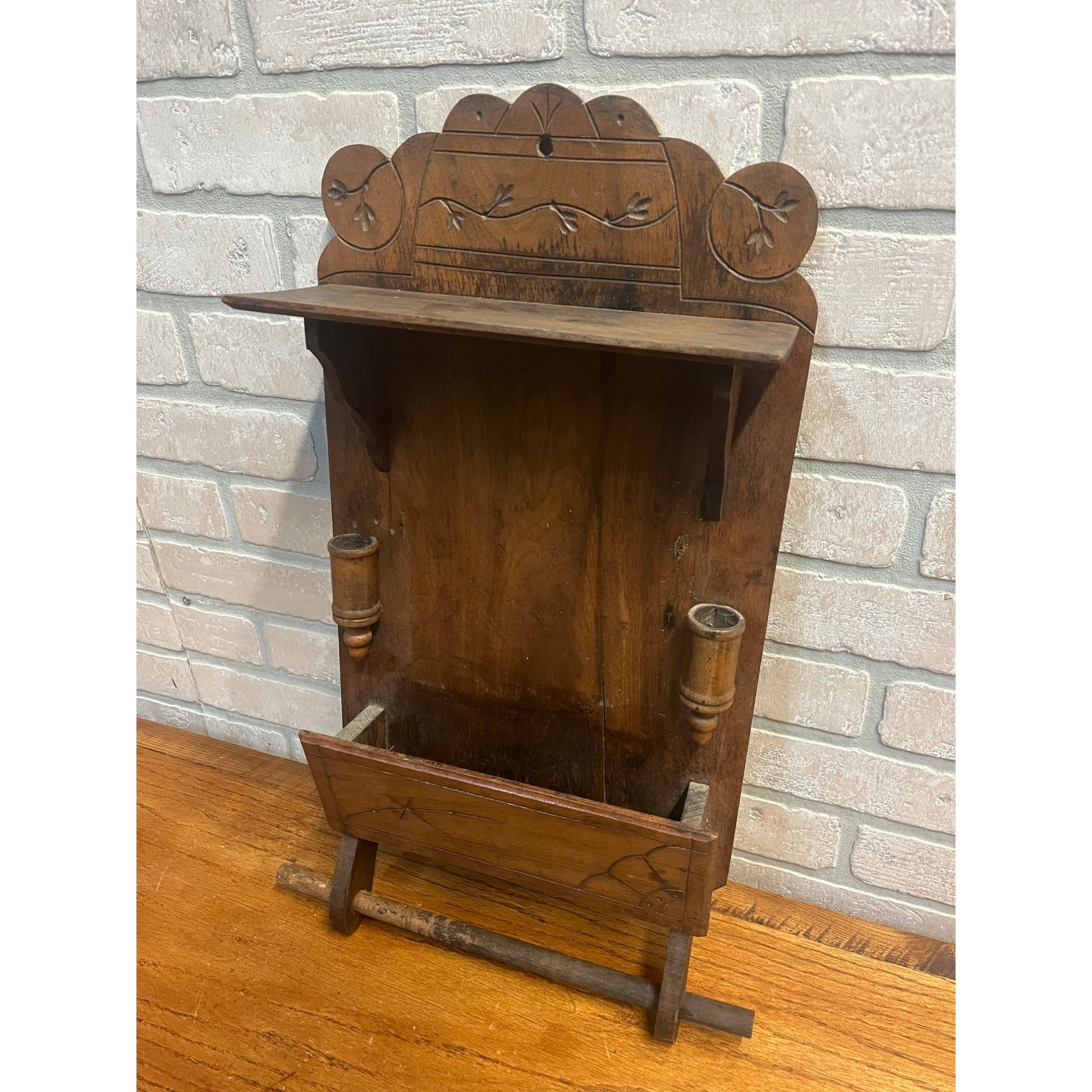 Antique Oak Eastlake Victorian Wall Pocket Shelf w/ Towel Rack & Candle Holders