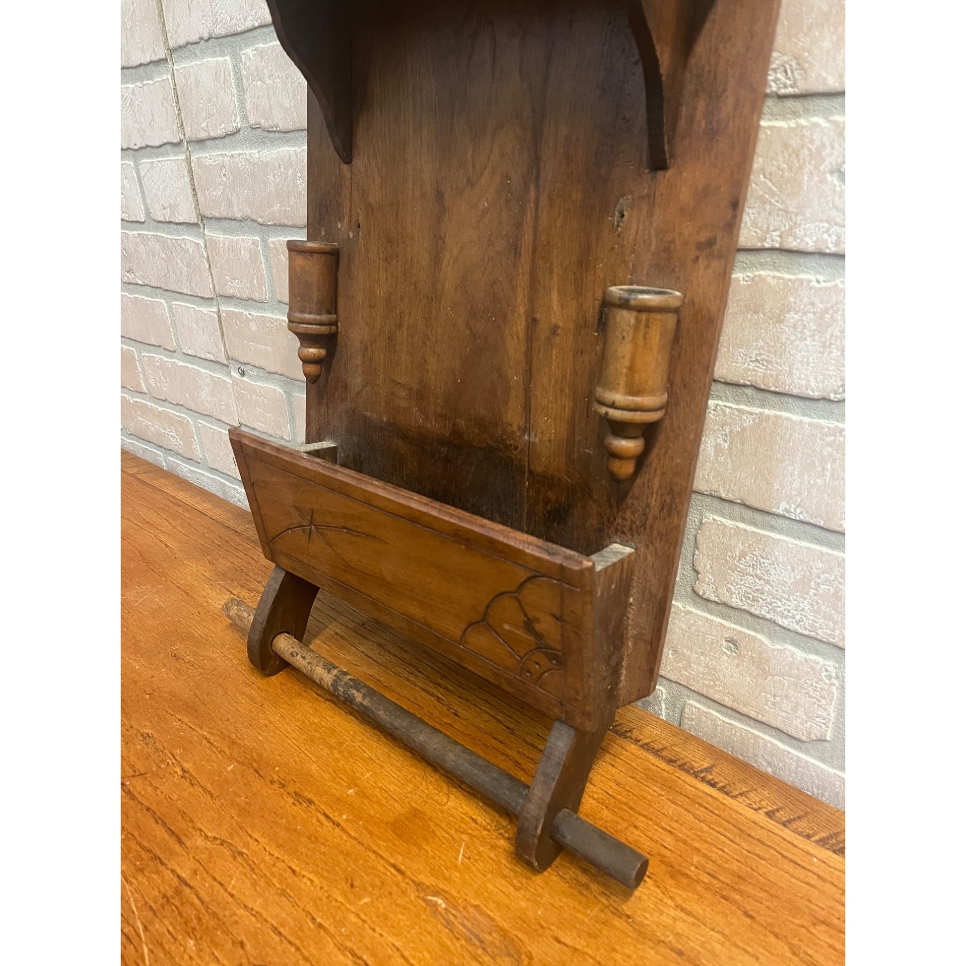 Antique Oak Eastlake Victorian Wall Pocket Shelf w/ Towel Rack & Candle Holders