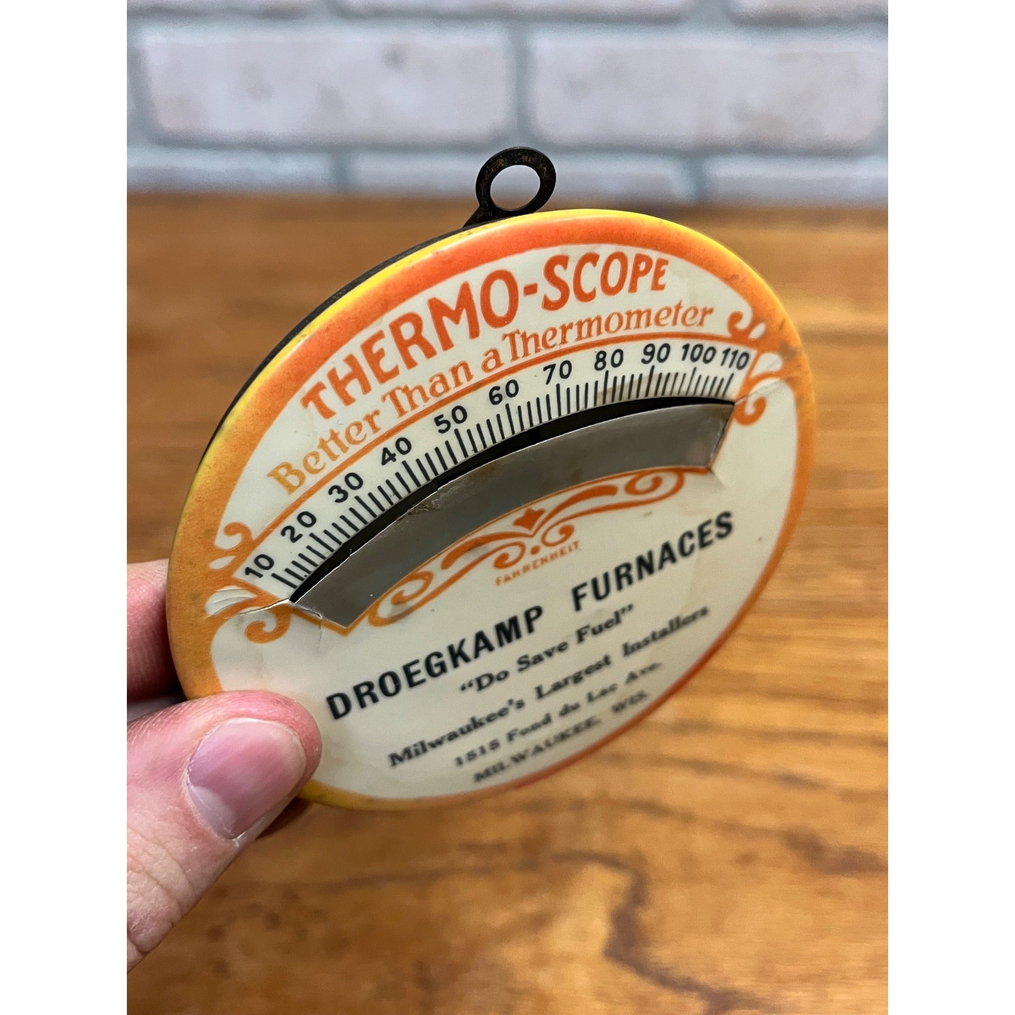 Vintage 1930s Droegkamp Furnace Co, Milwaukee, WI Sign Thermo-Scope Celluloid