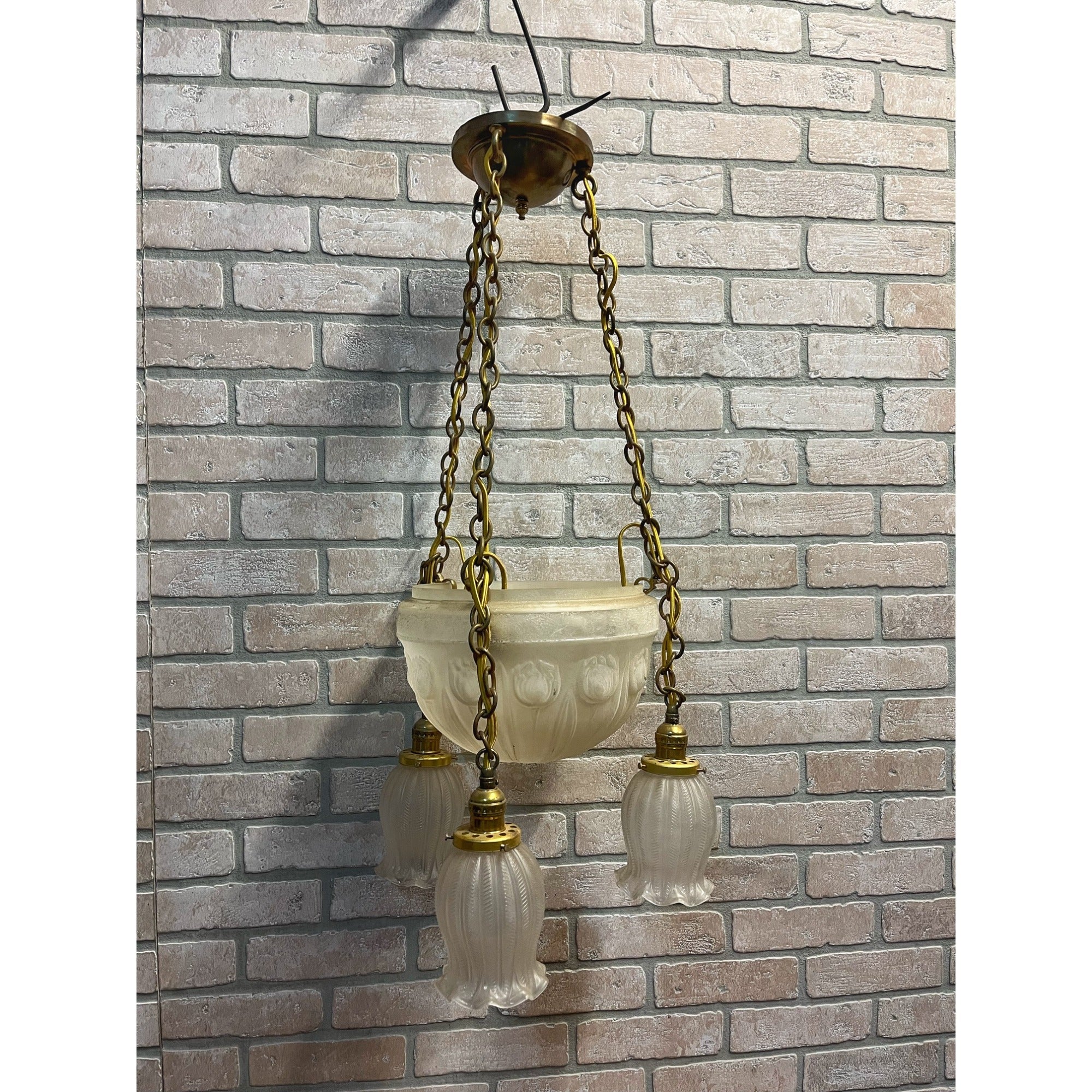 Vintage 1940s Frosted Tulip Glass Shade Hanging Ceiling Light Fixture Chandelier