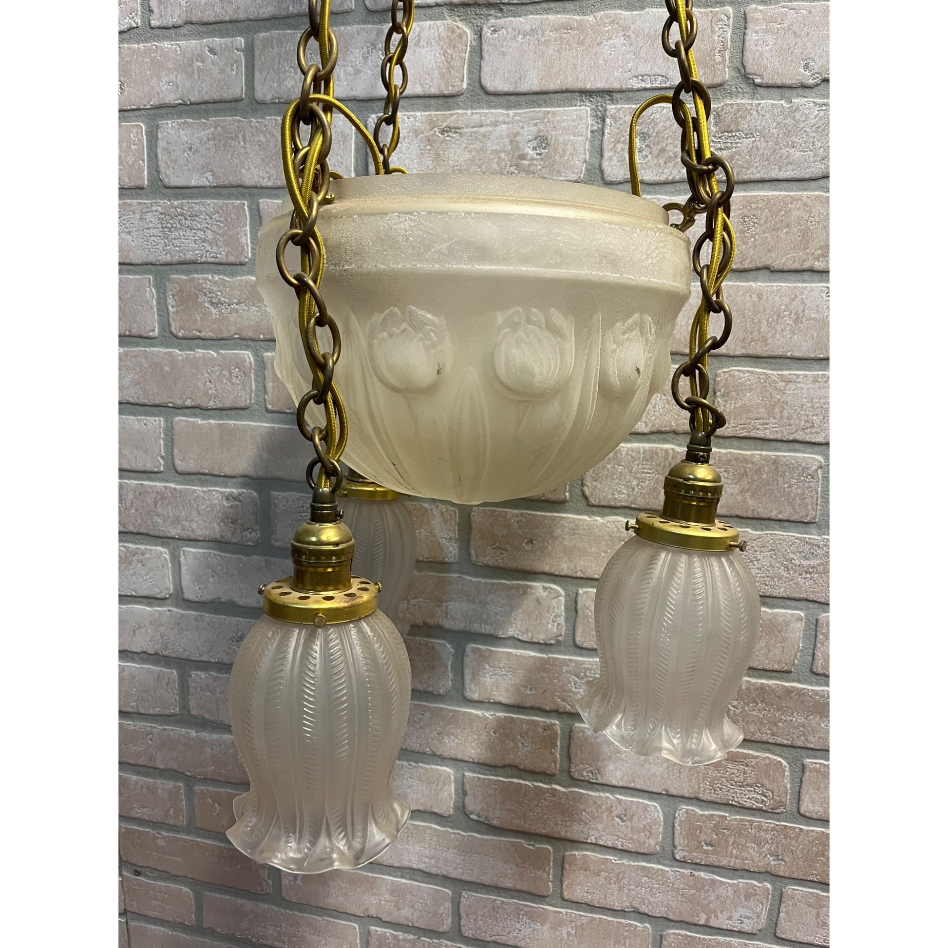 Vintage 1940s Frosted Tulip Glass Shade Hanging Ceiling Light Fixture Chandelier