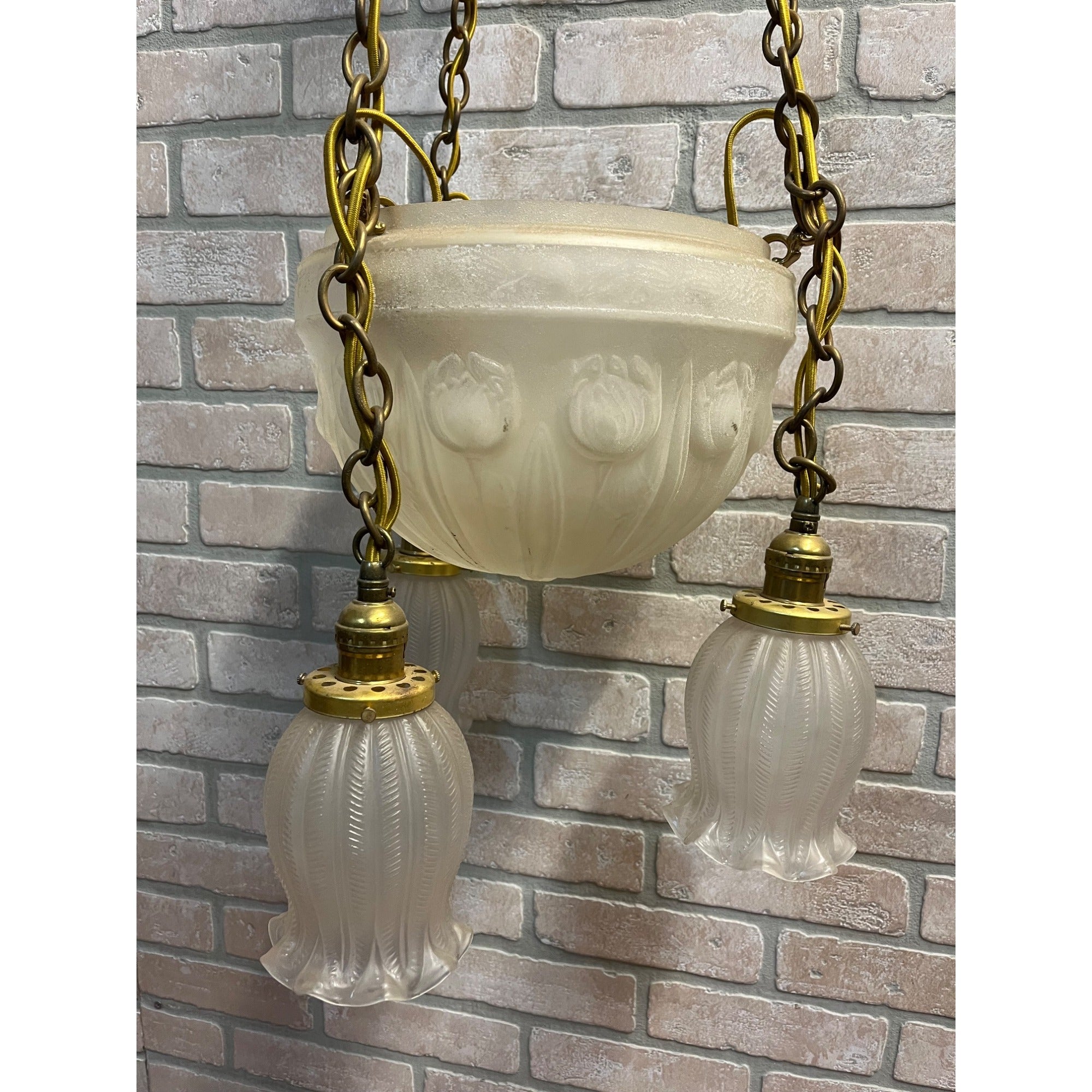 Vintage 1940s Frosted Tulip Glass Shade Hanging Ceiling Light Fixture Chandelier