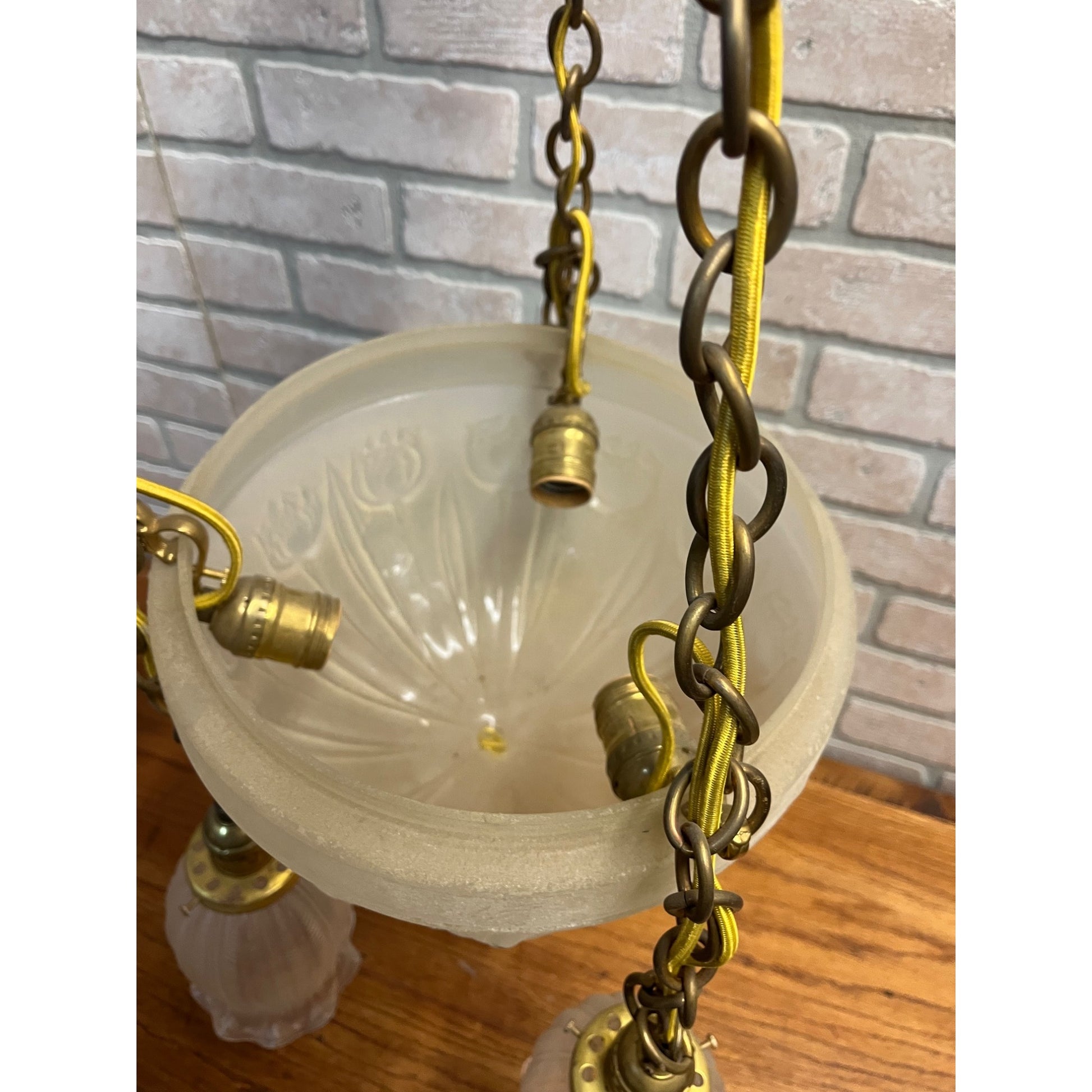 Vintage 1940s Frosted Tulip Glass Shade Hanging Ceiling Light Fixture Chandelier