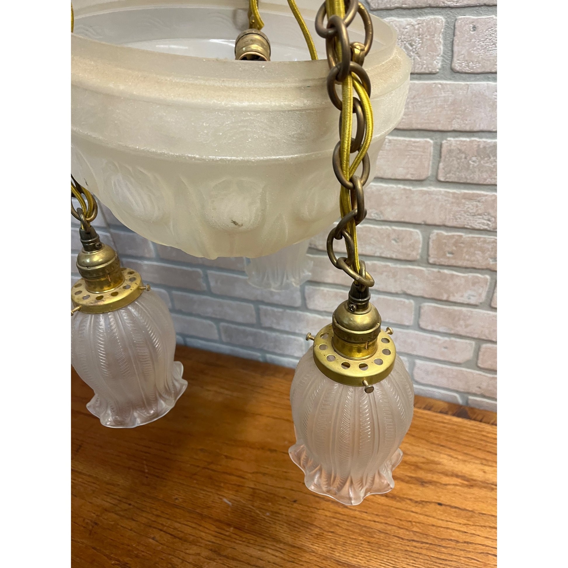 Vintage 1940s Frosted Tulip Glass Shade Hanging Ceiling Light Fixture Chandelier