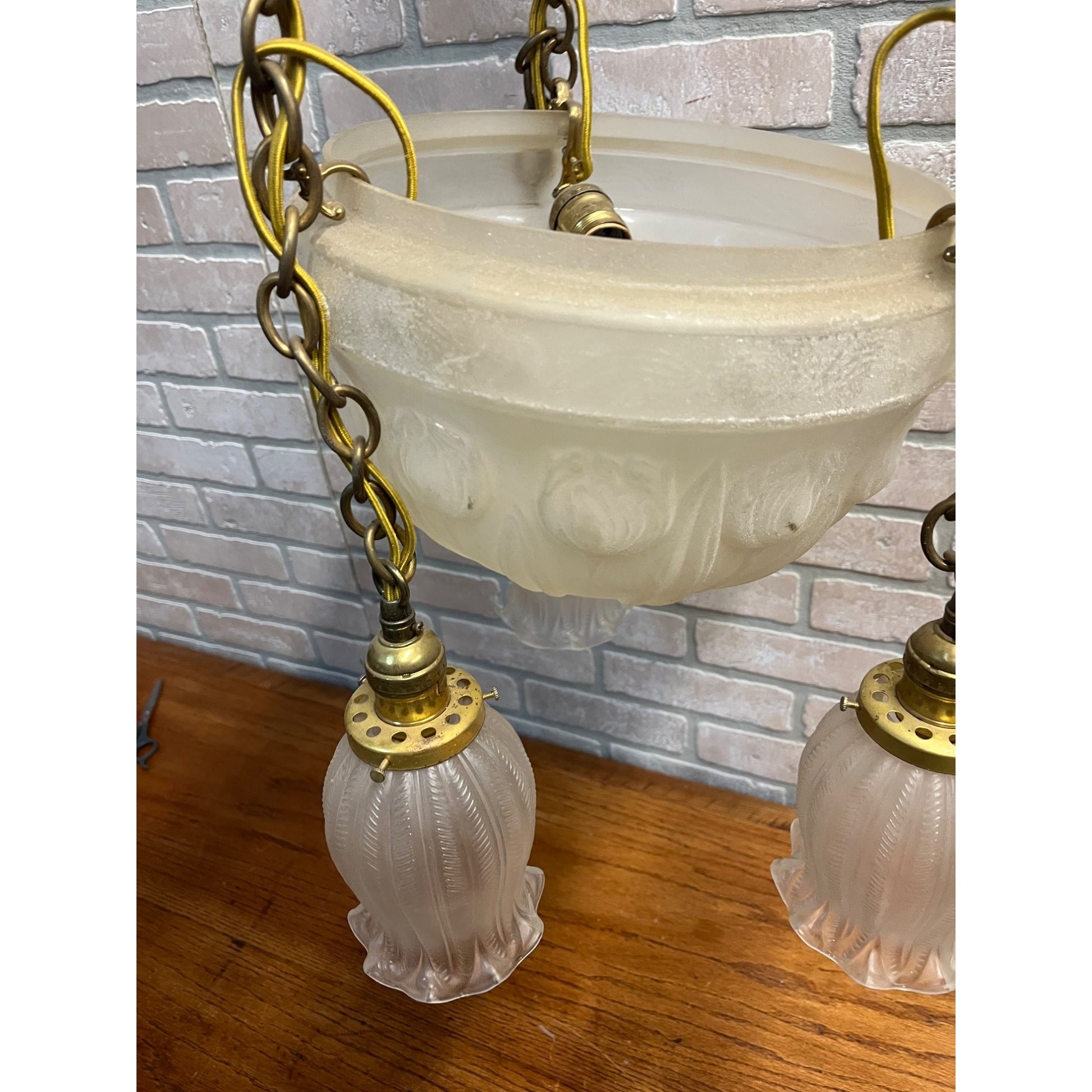Vintage 1940s Frosted Tulip Glass Shade Hanging Ceiling Light Fixture Chandelier