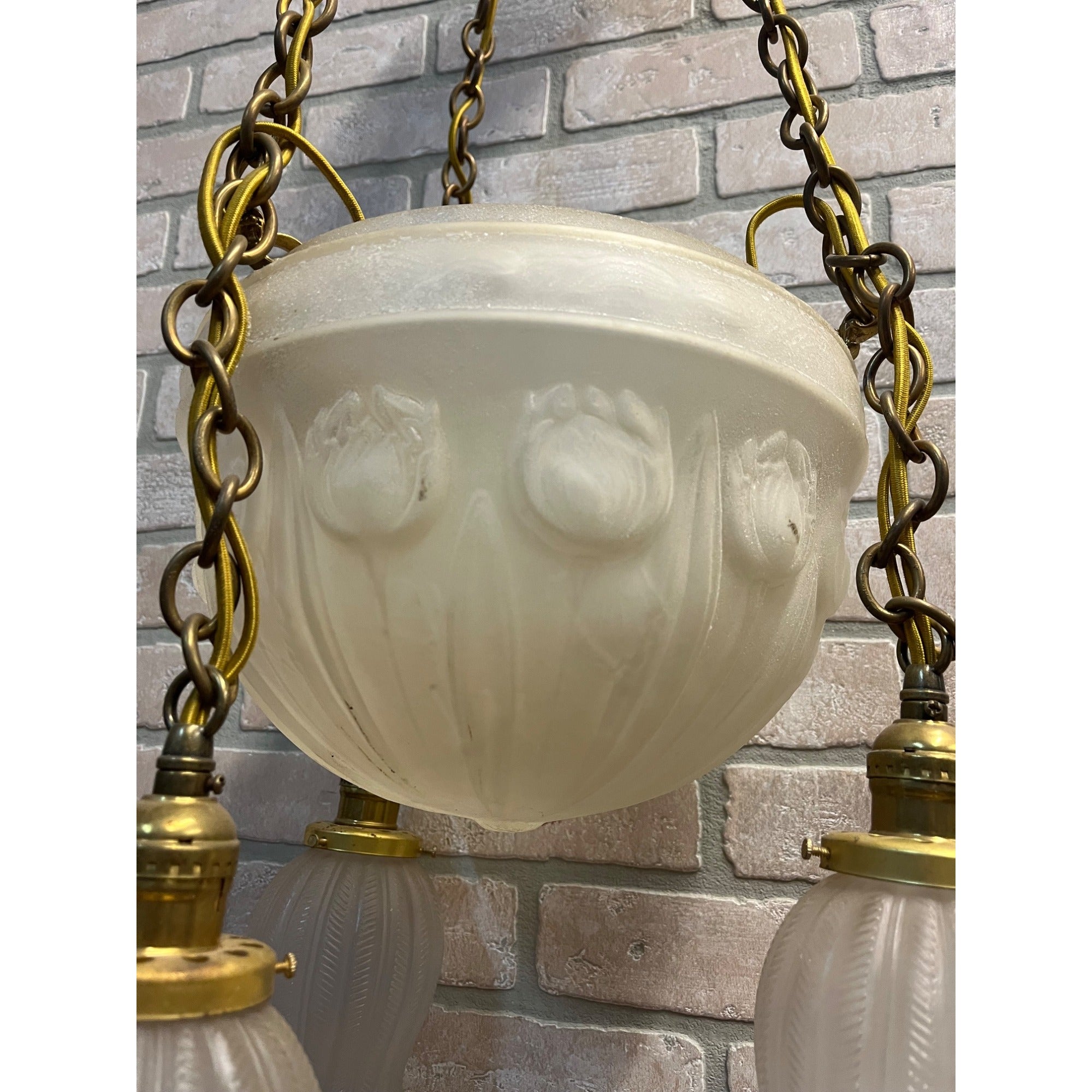 Vintage 1940s Frosted Tulip Glass Shade Hanging Ceiling Light Fixture Chandelier