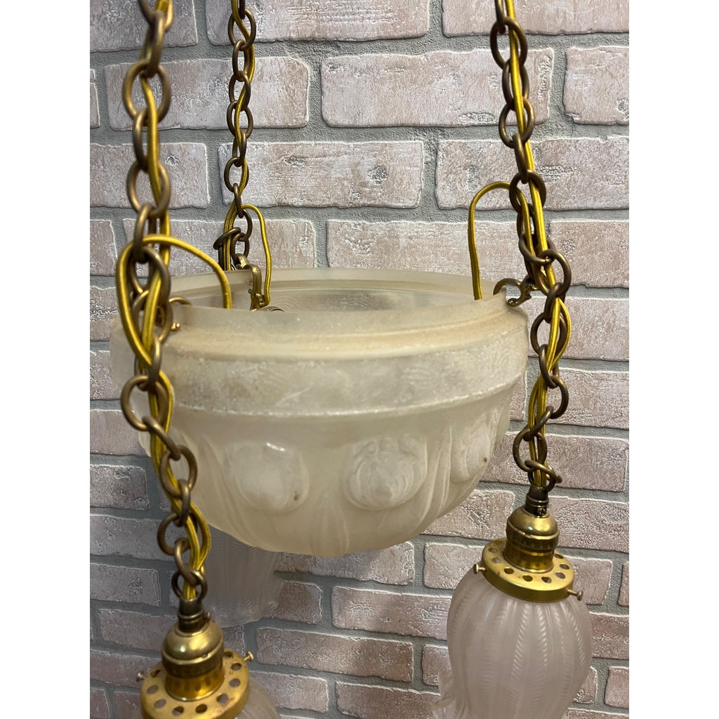 Vintage 1940s Frosted Tulip Glass Shade Hanging Ceiling Light Fixture Chandelier