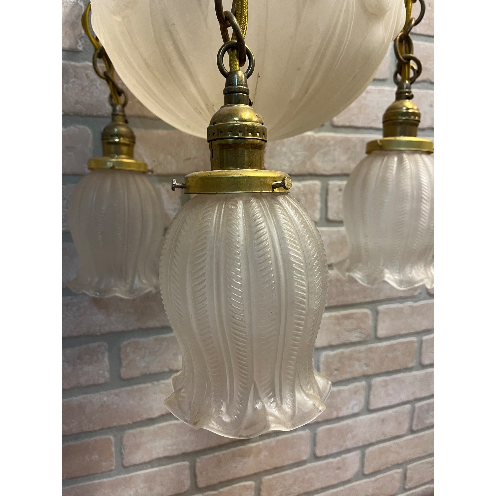 Vintage 1940s Frosted Tulip Glass Shade Hanging Ceiling Light Fixture Chandelier