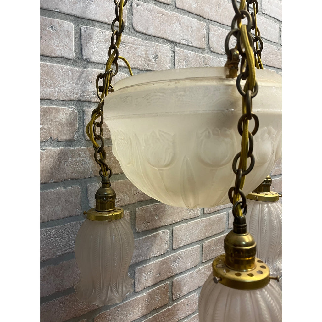 Vintage 1940s Frosted Tulip Glass Shade Hanging Ceiling Light Fixture Chandelier