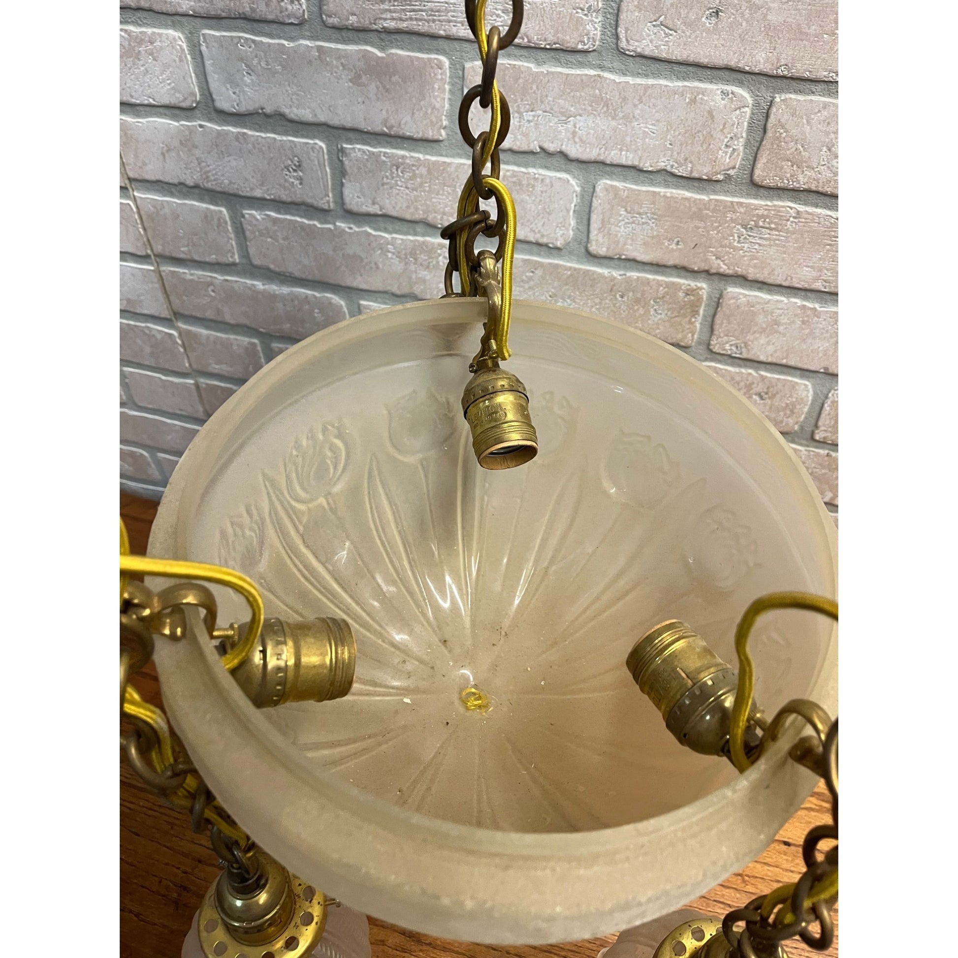 Vintage 1940s Frosted Tulip Glass Shade Hanging Ceiling Light Fixture Chandelier