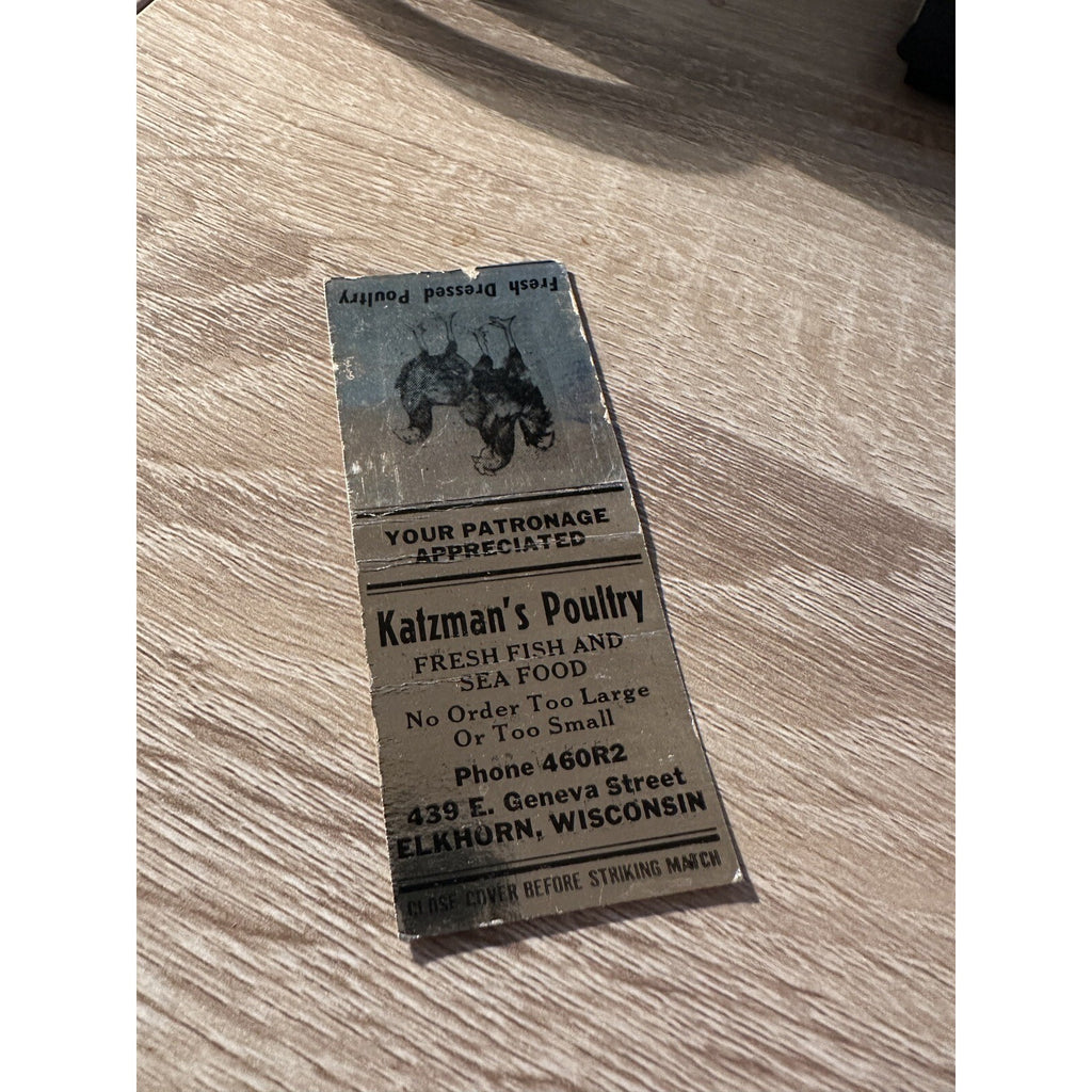 Vintage Katzmans Poultry Elkhorn Wisconsin  Advertising Matchbook