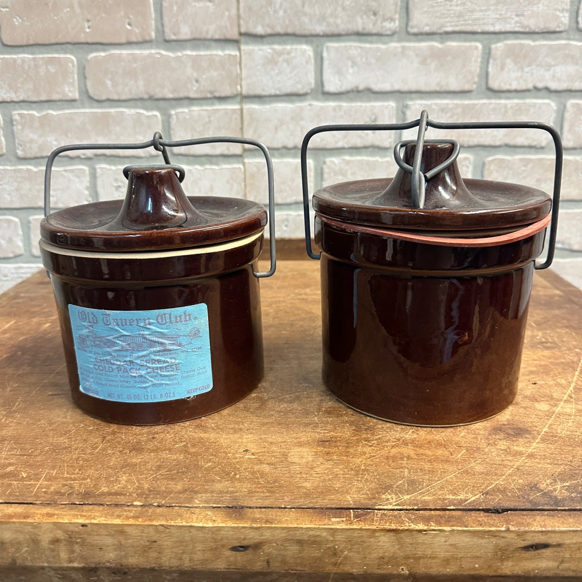(2) Vintage Stoneware Cheese Crocks 40 oz 5" tall Brown Primitive