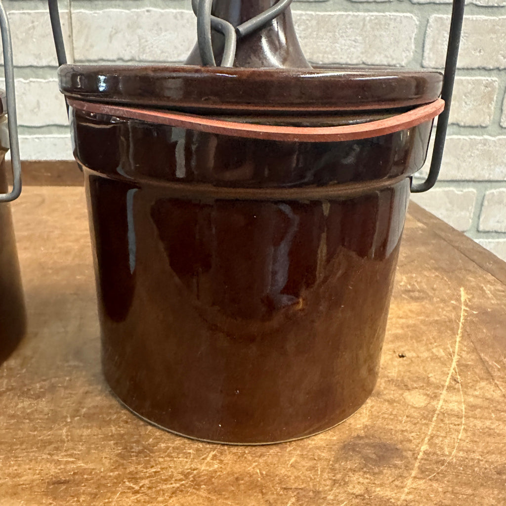 (2) Vintage Stoneware Cheese Crocks 40 oz 5" tall Brown Primitive