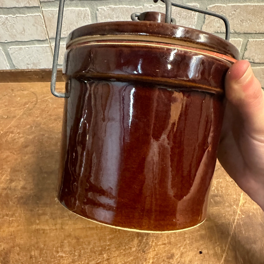 (2) Vintage Stoneware Cheese Crocks 40 oz 5" tall Brown Primitive