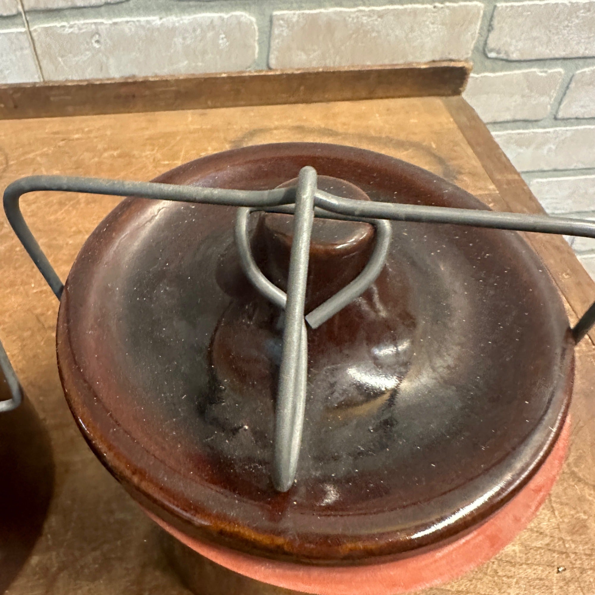 (2) Vintage Stoneware Cheese Crocks 40 oz 5" tall Brown Primitive