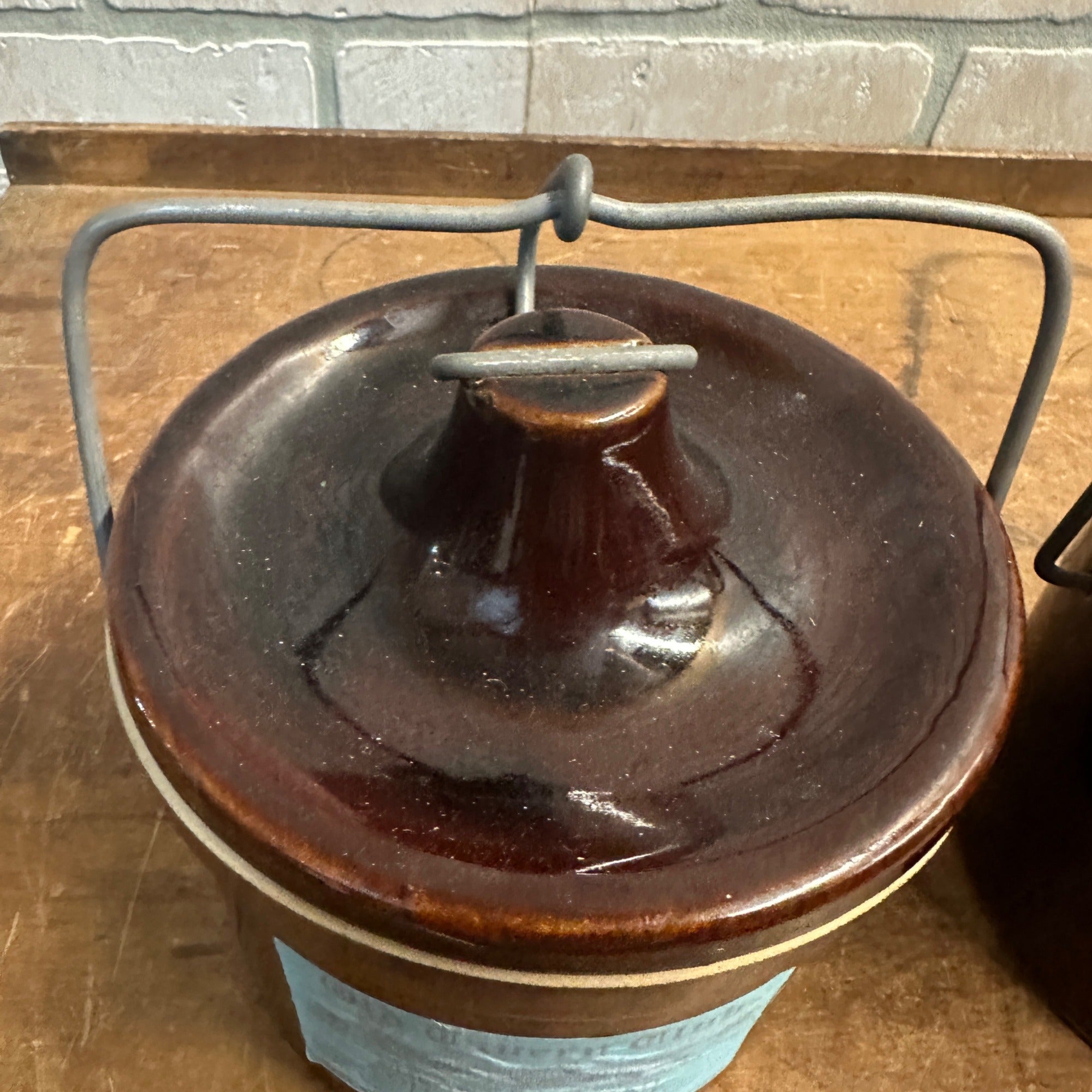 (2) Vintage Stoneware Cheese Crocks 40 oz 5" tall Brown Primitive