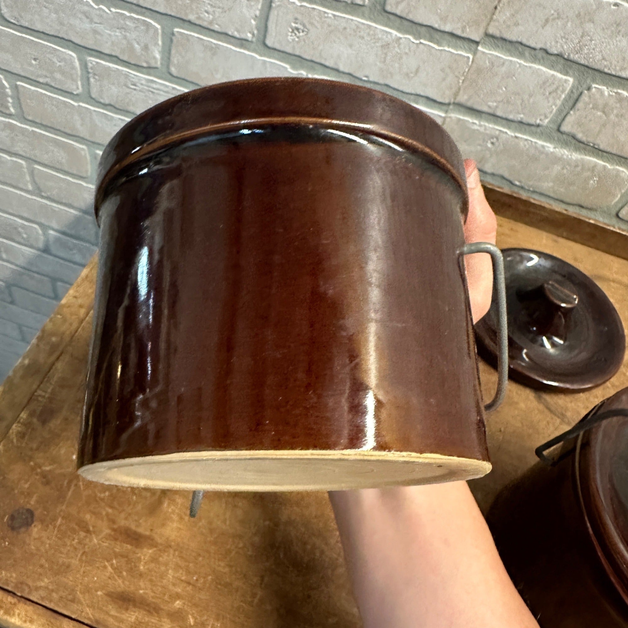 (2) Vintage Stoneware Cheese Crocks 40 oz 5" tall Brown Primitive