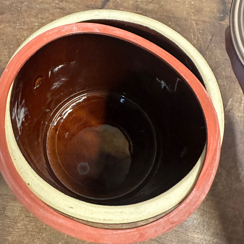 (2) Vintage Stoneware Cheese Crocks 40 oz 5" tall Brown Primitive