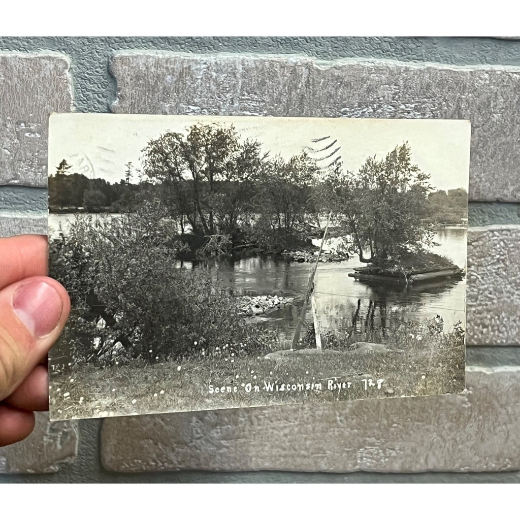 Vintage 1907 Scene on Wisconsin River RPPC Postcard Real Photo Grand Rapids WI