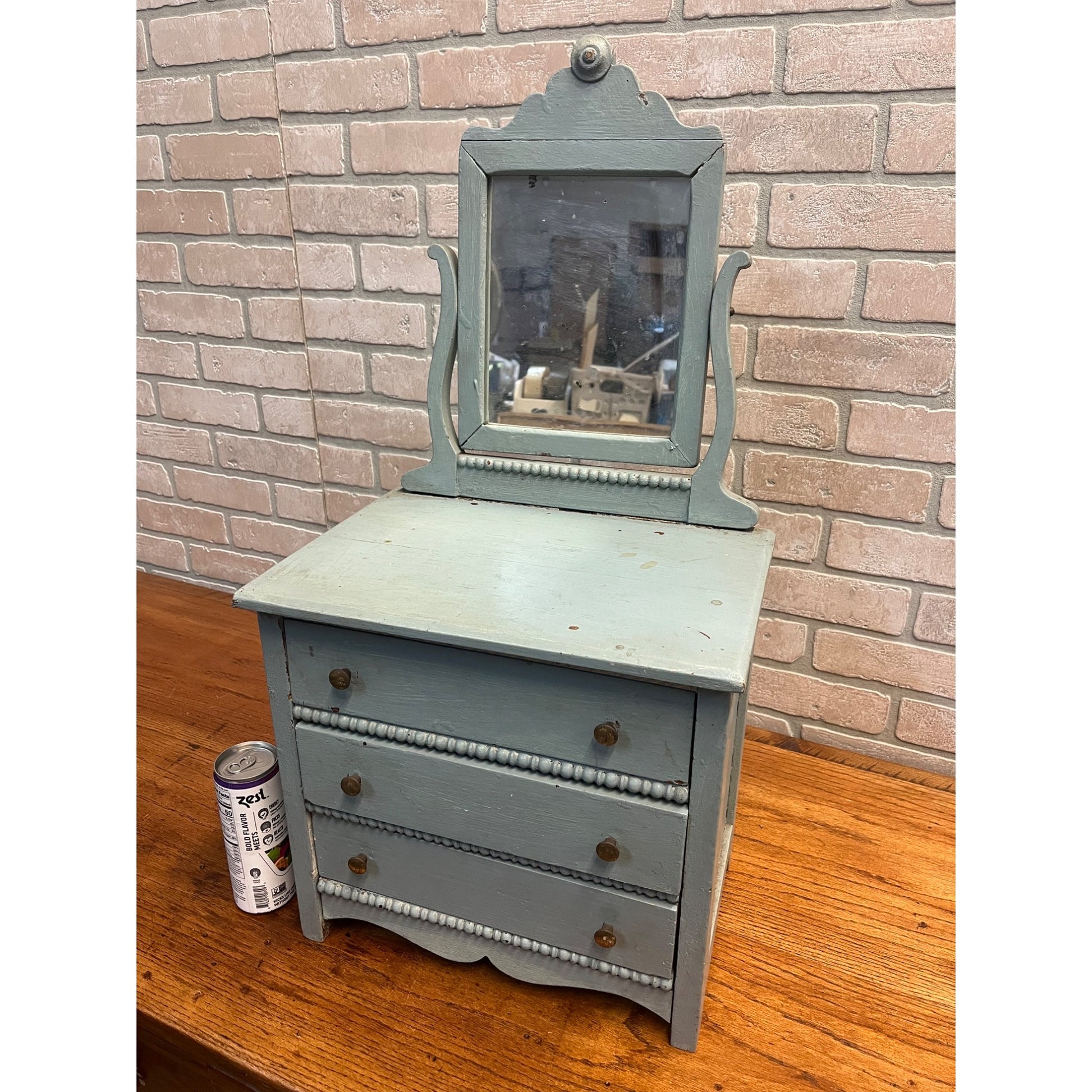 Antique Primitive Childs / Doll Size Blue Wooden Dresser w/ Mirror Farmhouse Rustic