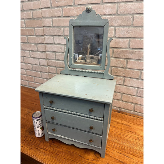 Antique Primitive Childs / Doll Size Blue Wooden Dresser w/ Mirror Farmhouse Rustic