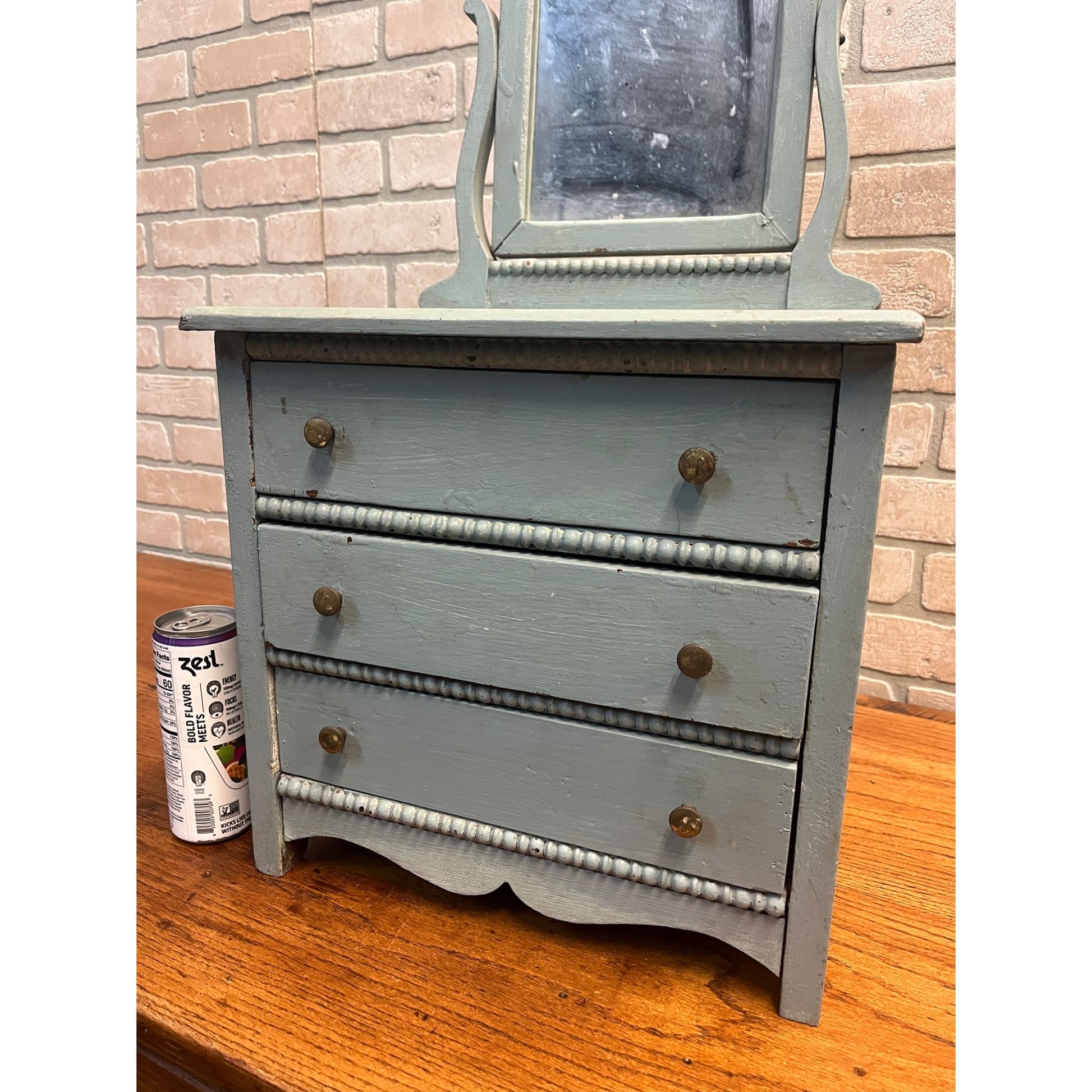 Antique Primitive Childs / Doll Size Blue Wooden Dresser w/ Mirror Farmhouse Rustic