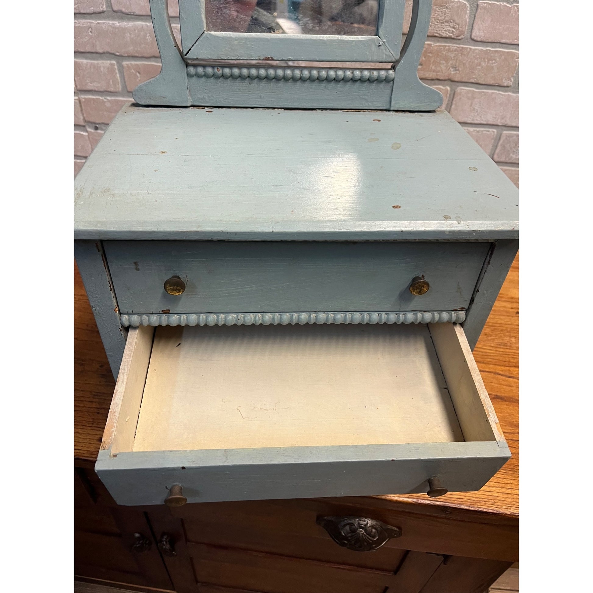 Antique Primitive Childs / Doll Size Blue Wooden Dresser w/ Mirror Farmhouse Rustic