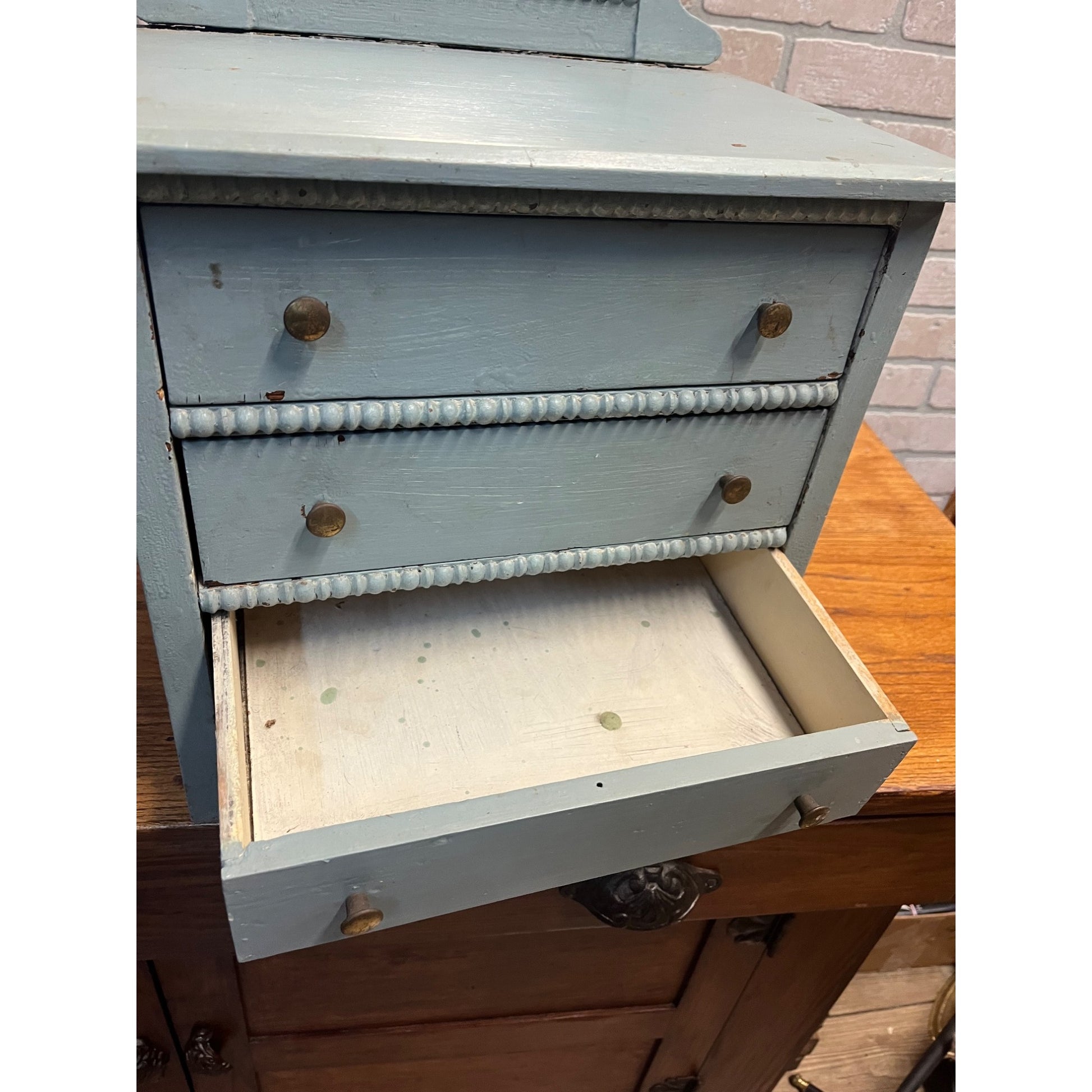 Antique Primitive Childs / Doll Size Blue Wooden Dresser w/ Mirror Farmhouse Rustic