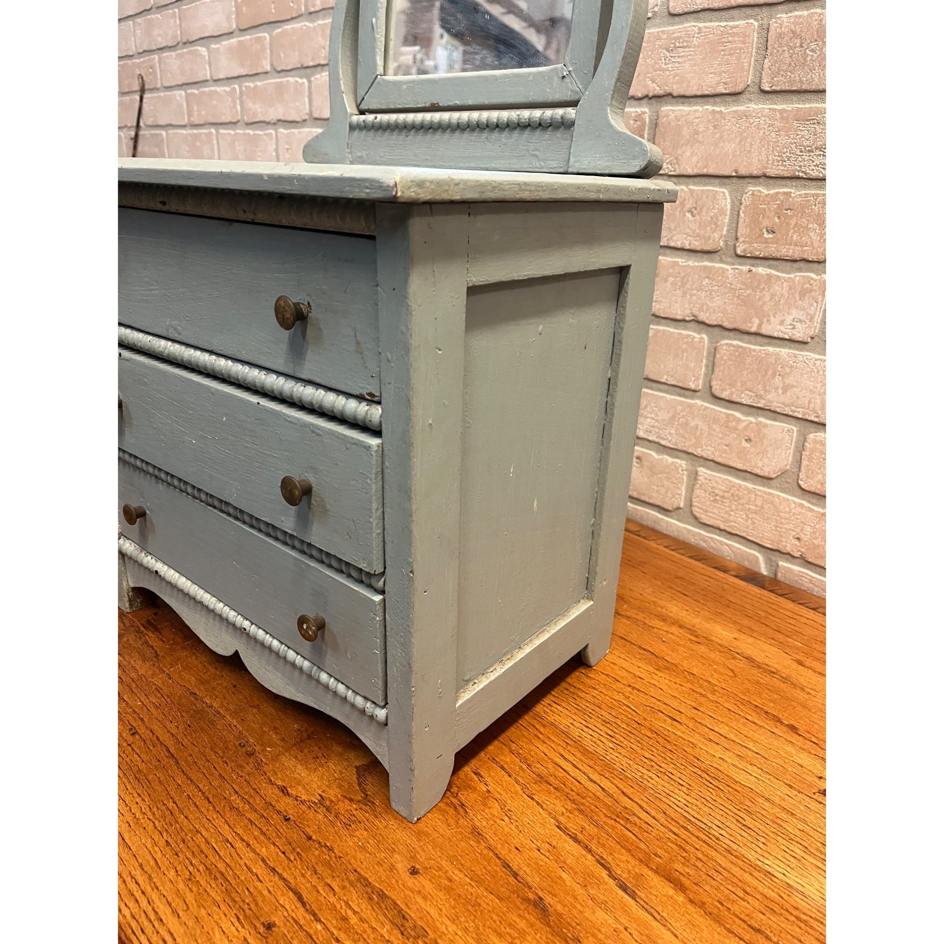 Antique Primitive Childs / Doll Size Blue Wooden Dresser w/ Mirror Farmhouse Rustic