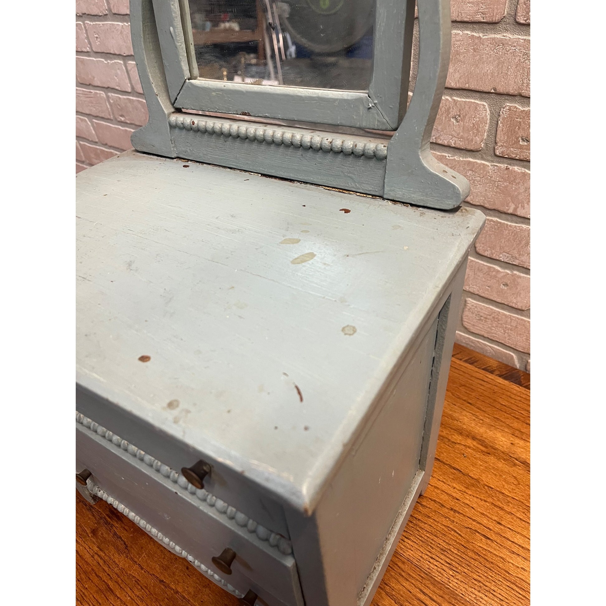 Antique Primitive Childs / Doll Size Blue Wooden Dresser w/ Mirror Farmhouse Rustic