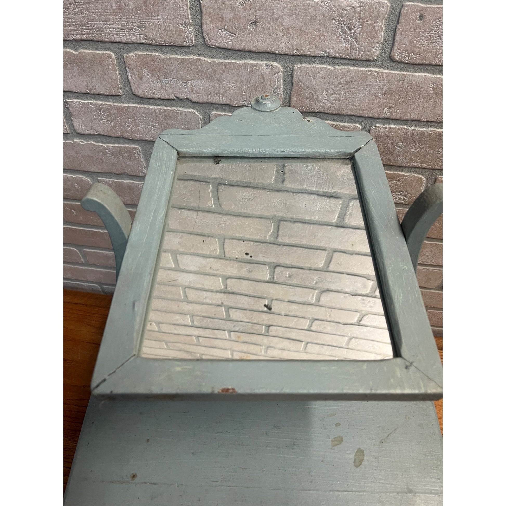 Antique Primitive Childs / Doll Size Blue Wooden Dresser w/ Mirror Farmhouse Rustic