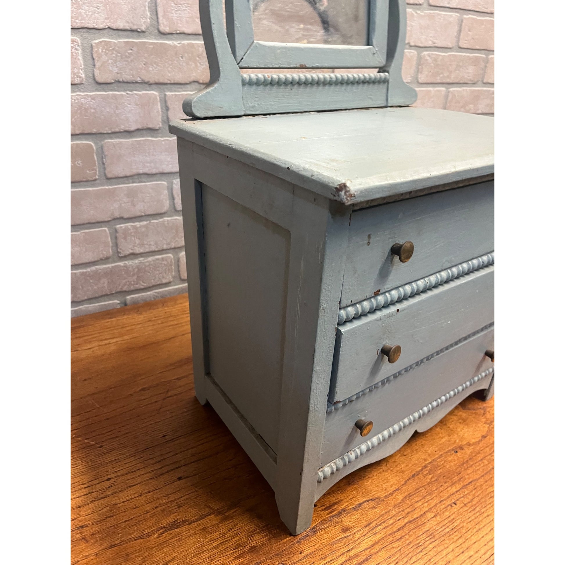 Antique Primitive Childs / Doll Size Blue Wooden Dresser w/ Mirror Farmhouse Rustic