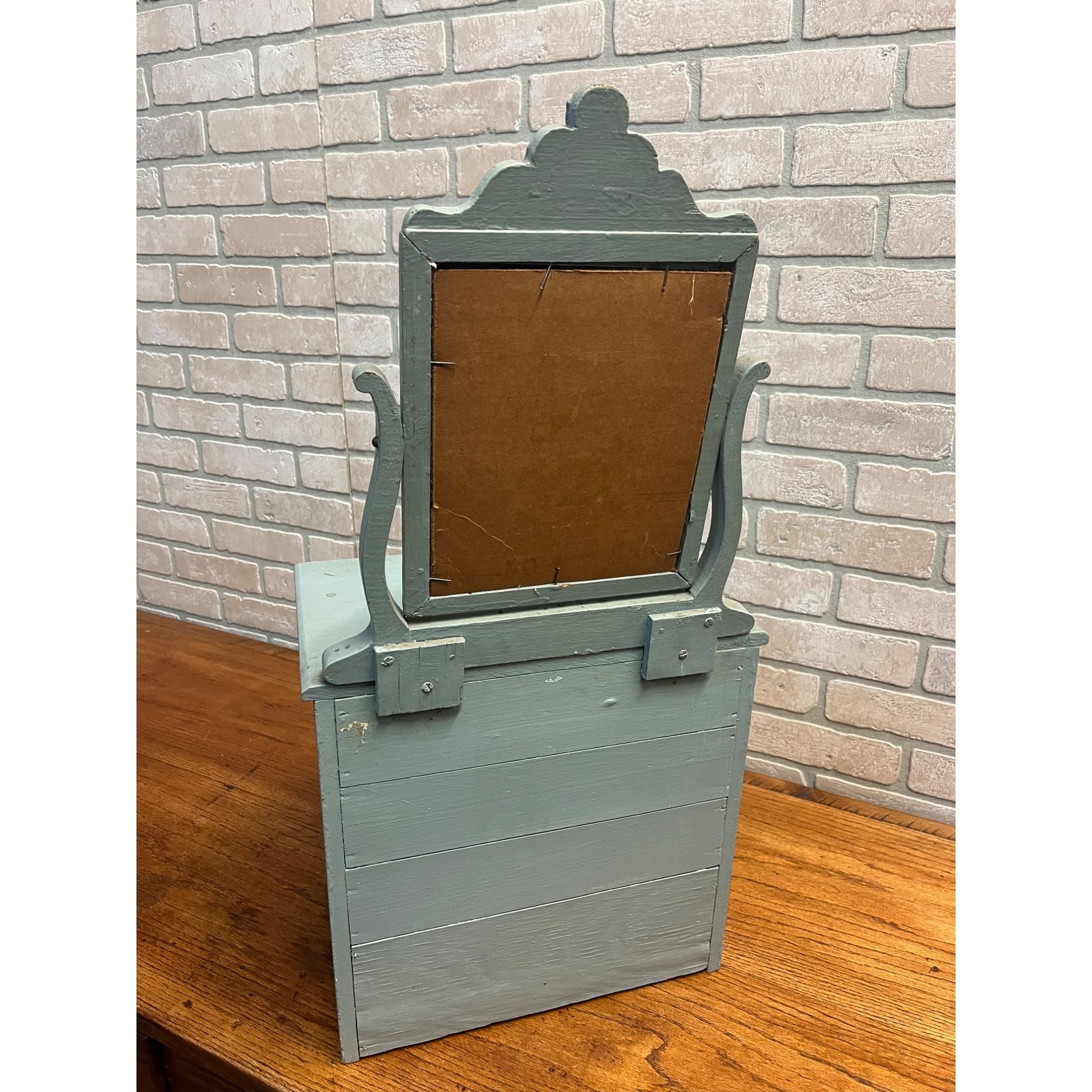 Antique Primitive Childs / Doll Size Blue Wooden Dresser w/ Mirror Farmhouse Rustic