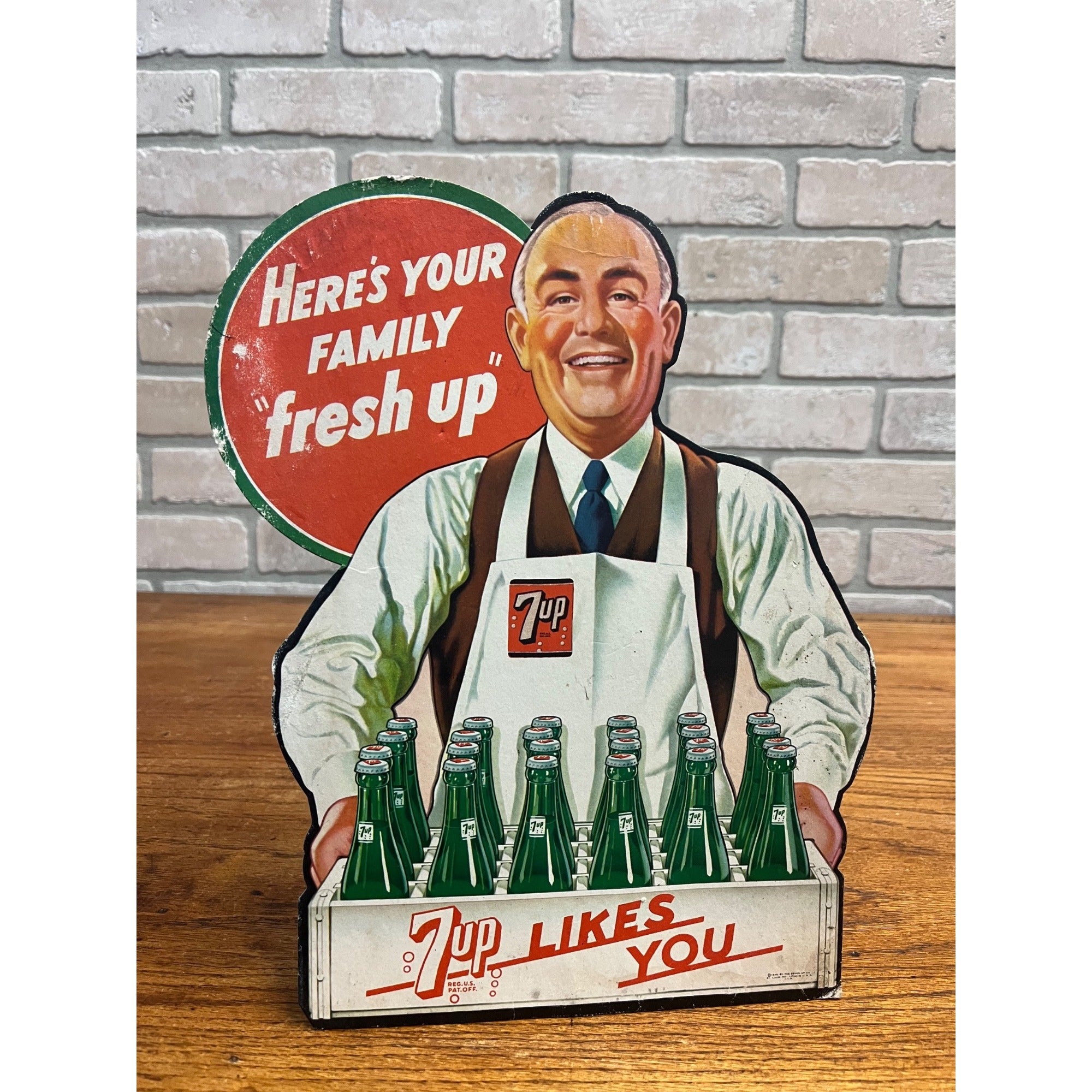 Original 1948 7UP Seven-Up Diecut Advertising Sign Countertop Easel Back 12"