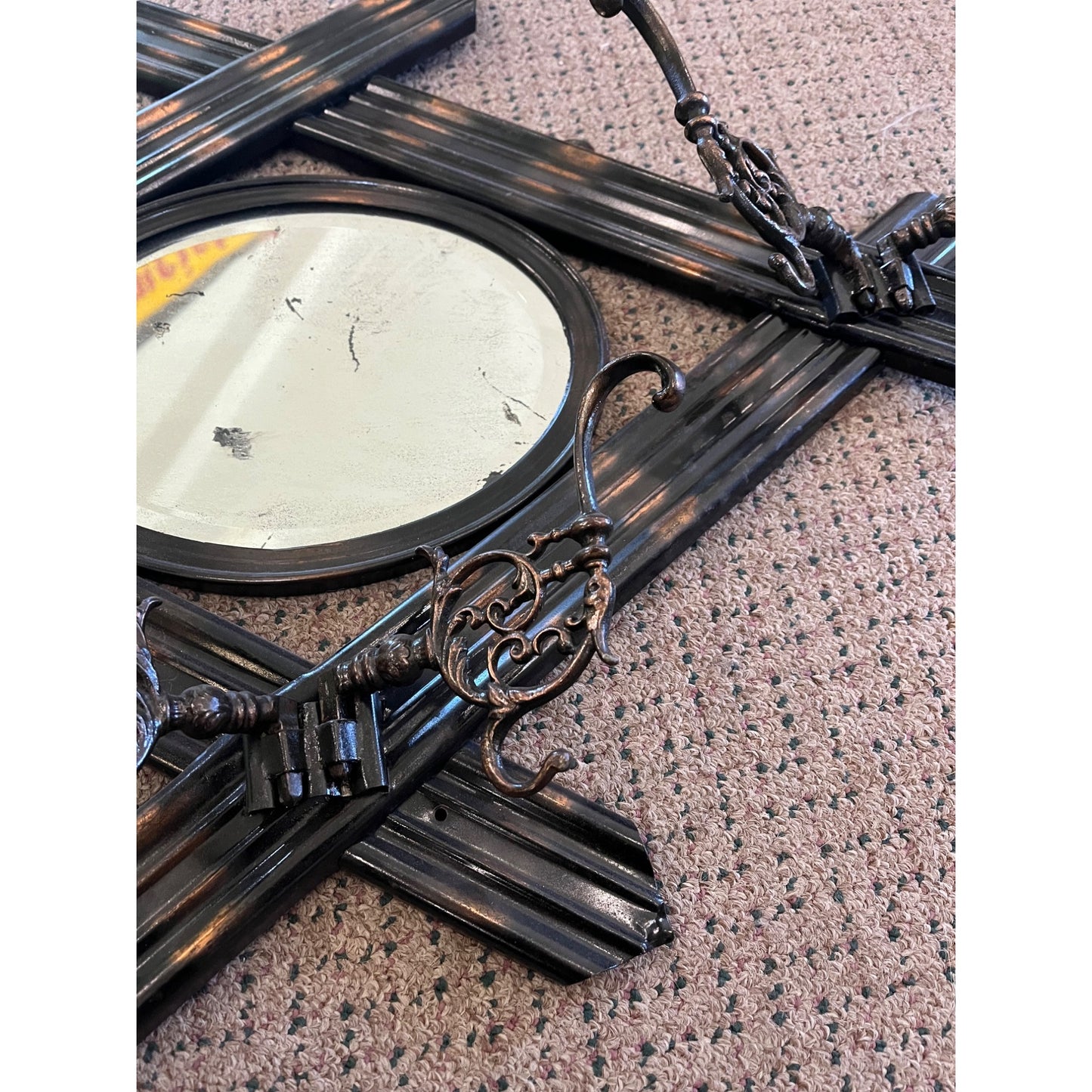 Antique Victorian Wall Coat Hat Rack & Mirror Ornate Copper Flashed Tin