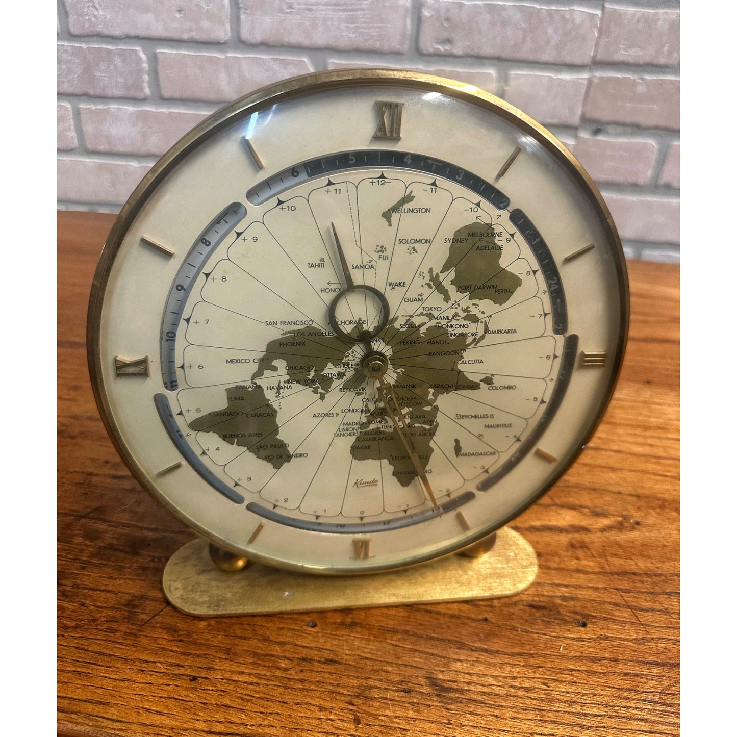 Vintage Mid Century Brass German Kundo World Globe Clock Working Condition