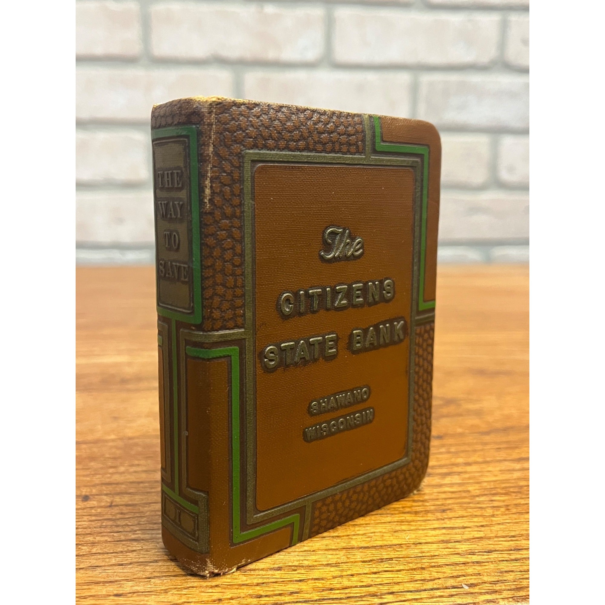 Vintage Miniature Book Savings Bank Citizens State Bank Shawano Wisconsin No Key Leather-Wrapped