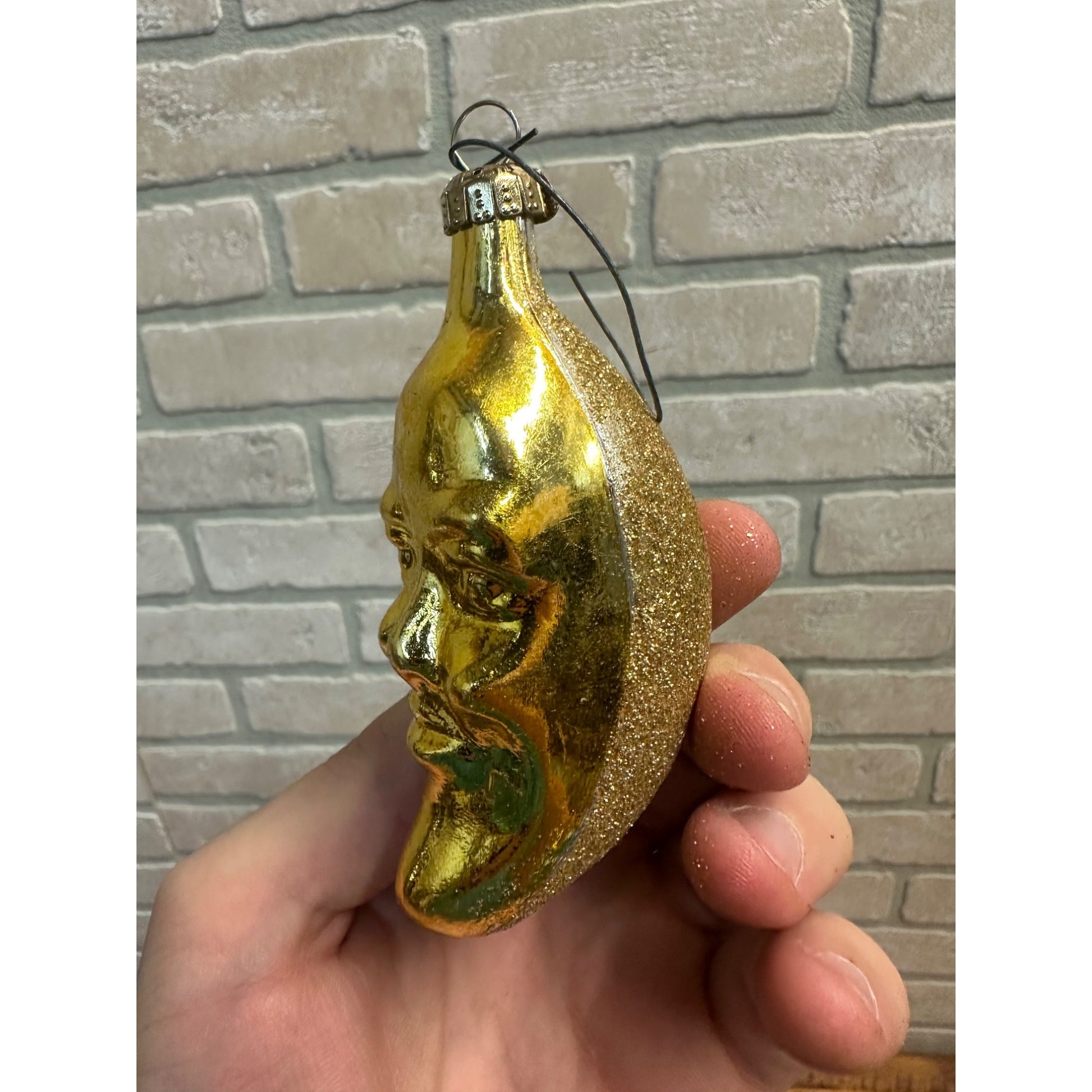 Glass Crescent Man in The Moon Christmas Ornament Contemporary Vintage Style