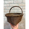Antique Primitive 1900s Oak Splint Gathering Egg Berry Basket Bentwood Handle