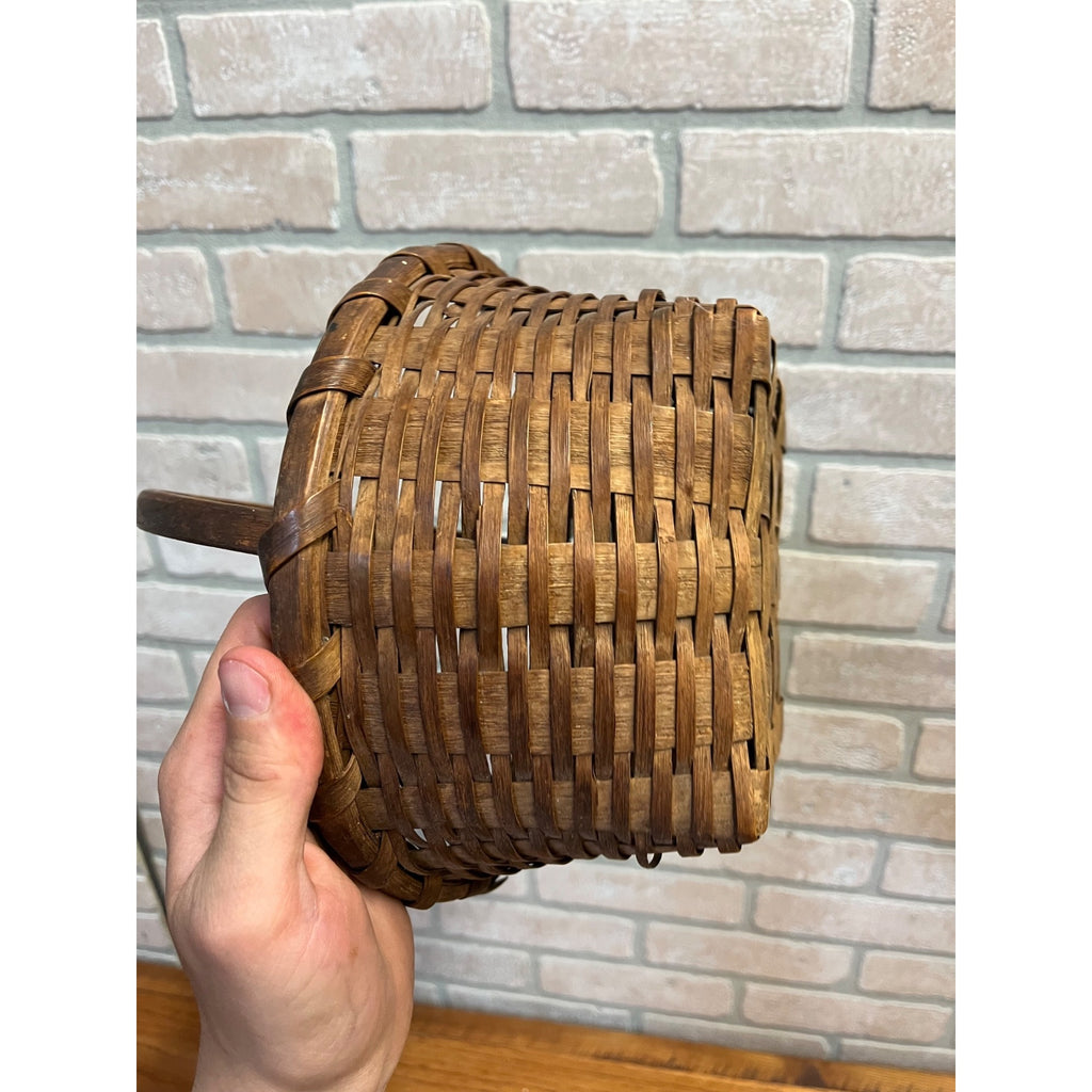 Antique Primitive 1900s Oak Splint Gathering Egg Berry Basket Bentwood Handle