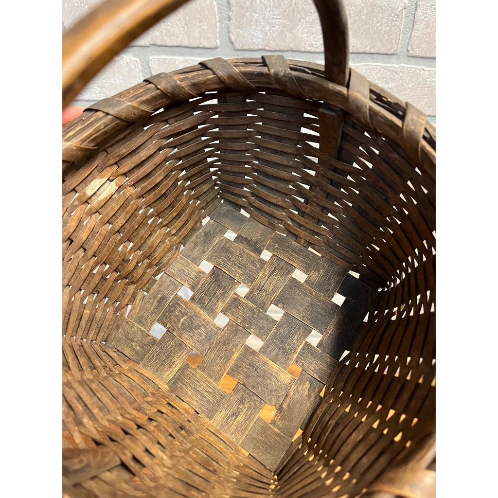Antique Primitive 1900s Oak Splint Gathering Egg Berry Basket Bentwood Handle