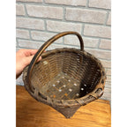 Antique Primitive 1900s Oak Splint Gathering Egg Berry Basket Bentwood Handle