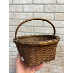 Antique Primitive 1900s Oak Splint Gathering Egg Berry Basket Bentwood Handle